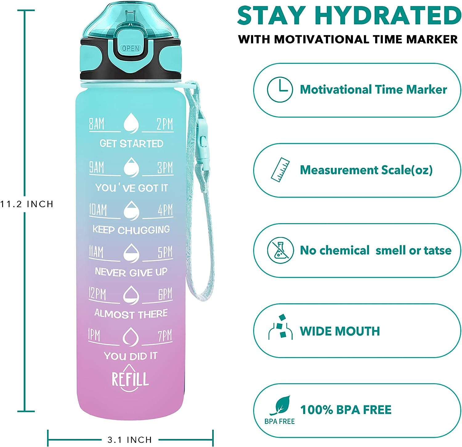 Enerbone 32 Oz Water Bottle with Times to Drink and Straw, Motivational Drinking with Carrying Strap, Leakproof BPA & Toxic Free, Ensure You Drink Enough Water for Fitness Gym Outdoor image number 2