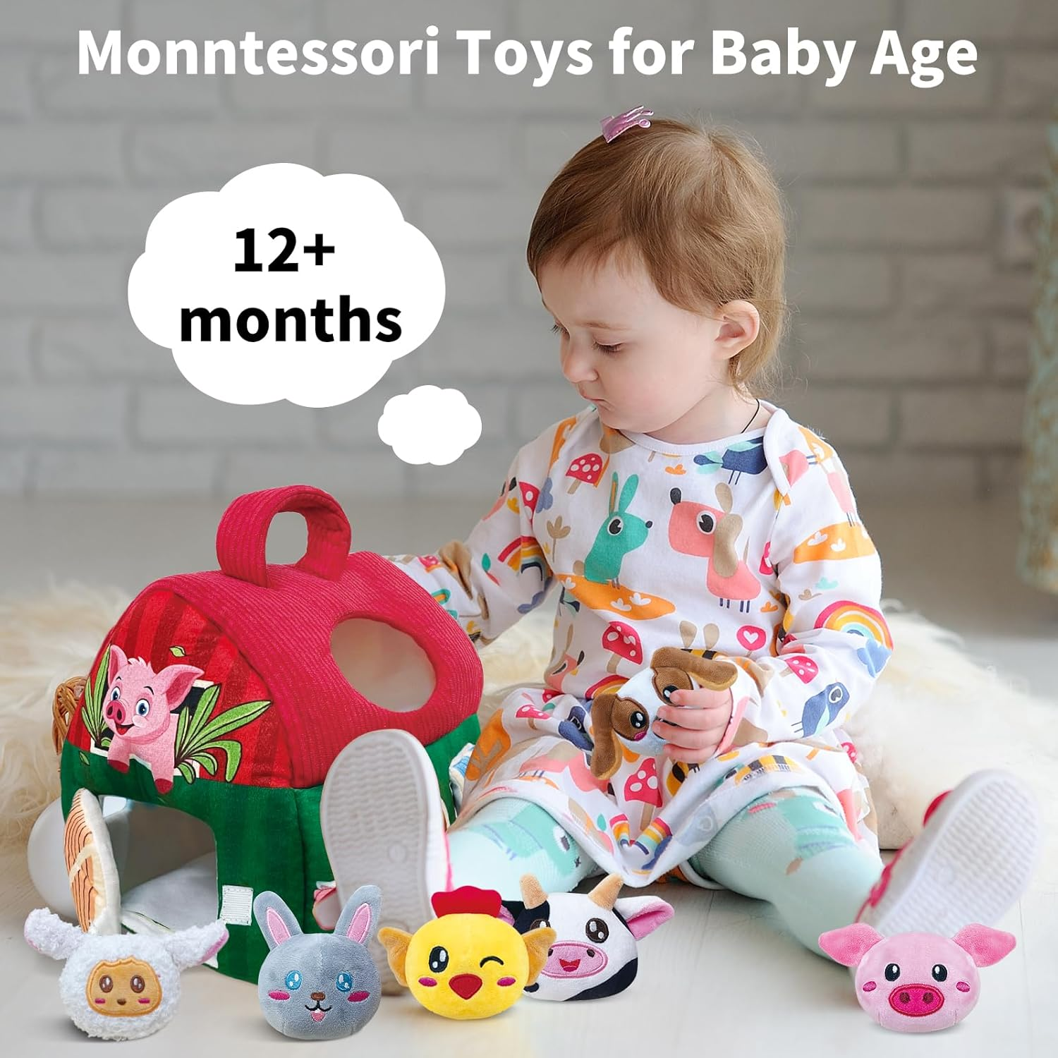 Farm Animal Montessori Baby Toys 6-12 Months, House with 6 Stuffed Jungle Animals for Babies with Rattle, Tummy Time Toddlers, Sensory Toys for Babies Boy Girl Birthday Gifts image number 3