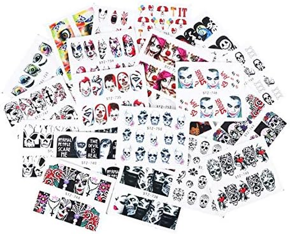 HANGQINGHENG 24 Pcs Halloween Nail Art Water Sticker Set Anime Skull Bone Decals Gel Polish Slider Accessories (Color : NJ110 30Pcs) image number 1