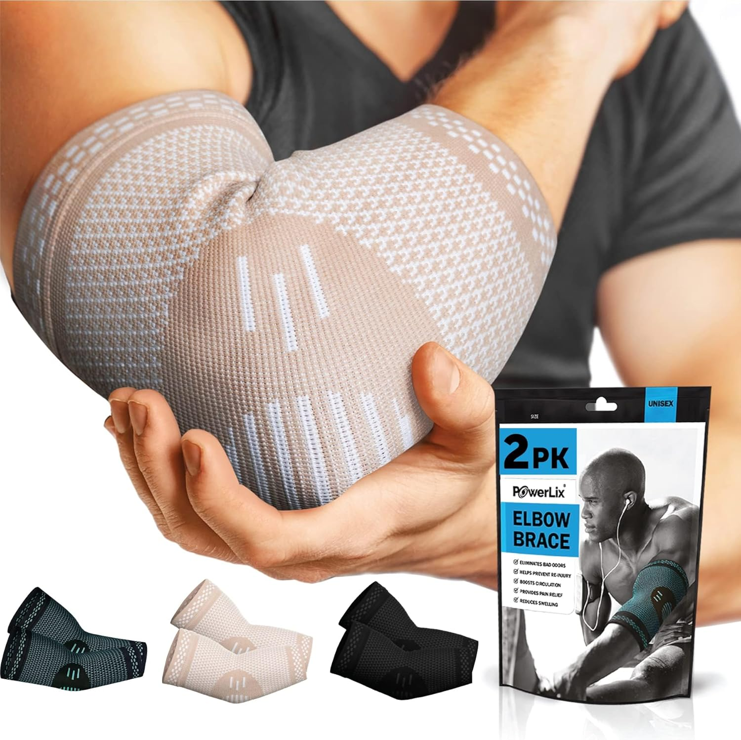 POWERLIX Elbow Brace Compression Support (Pair) - Elbow Sleeve for Tendonitis, Tennis Elbow Brace and Golfers Elbow Treatment, Arthritis, Workouts, Weightlifting - Reduce Elbow Pain