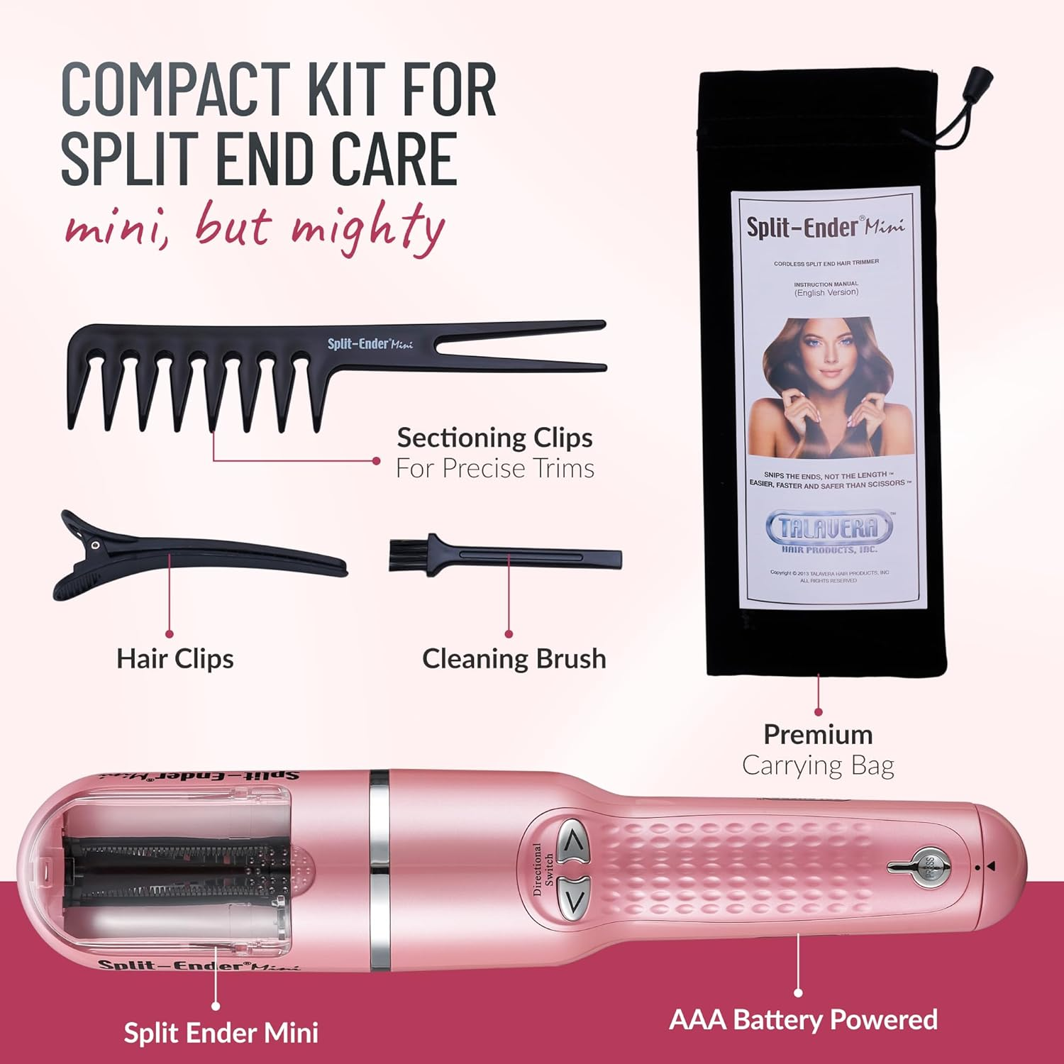 Split Ender Mini &ndash; Original Cordless Split End Hair Trimmer for Dry, Damaged, Brittle, Curly, Frizzy, or Straight Hair &ndash; Battery Operated Home Styling Tool for Split Ends (Battery-Powered, Light Pink) image number 5