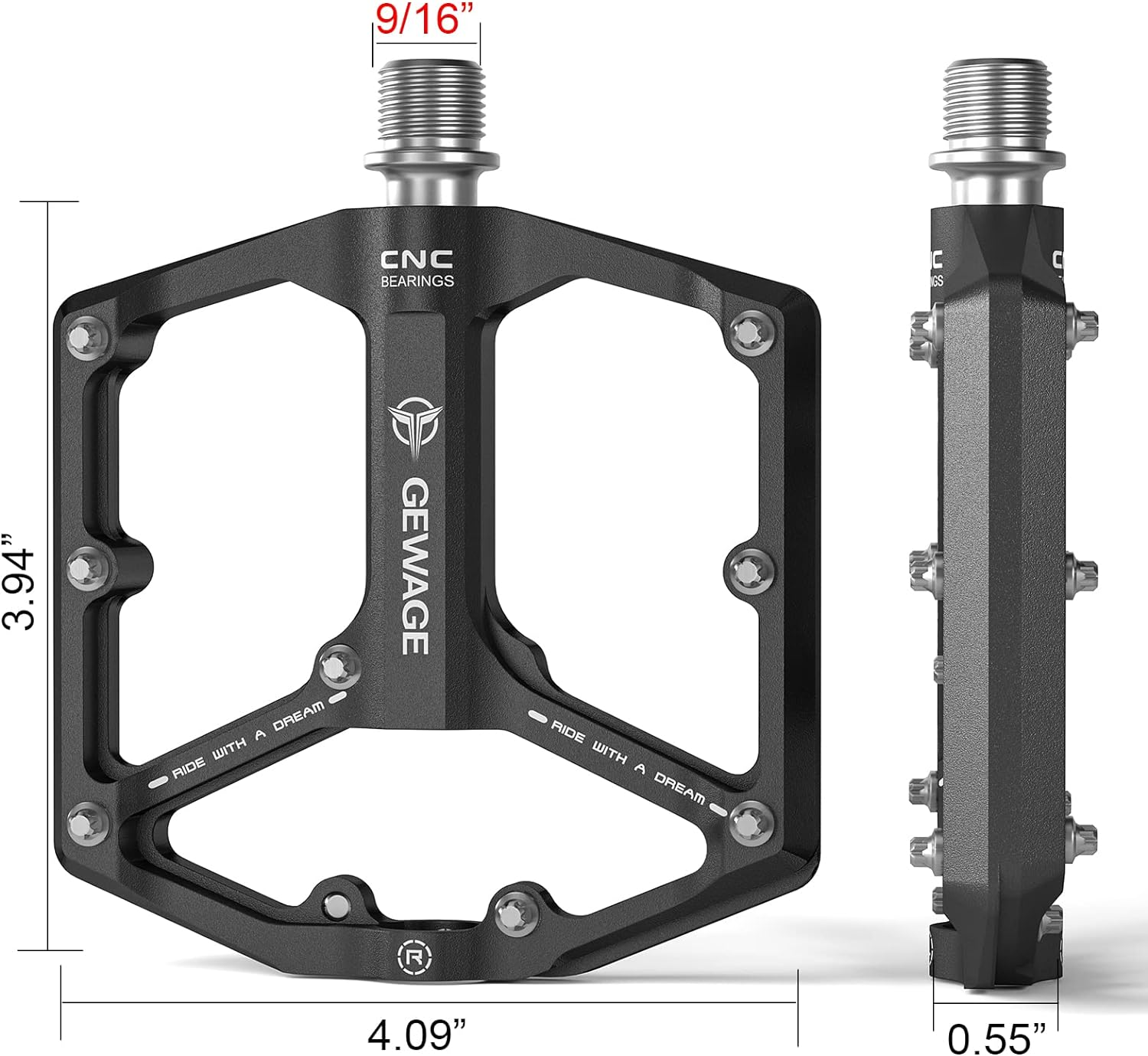 Road/Mountain Bike Pedals - 3 Bearings Bicycle Pedals - 9/16&rdquo; CNC Machined Flat Pedals with Removable Anti-Skid Nails image number 4