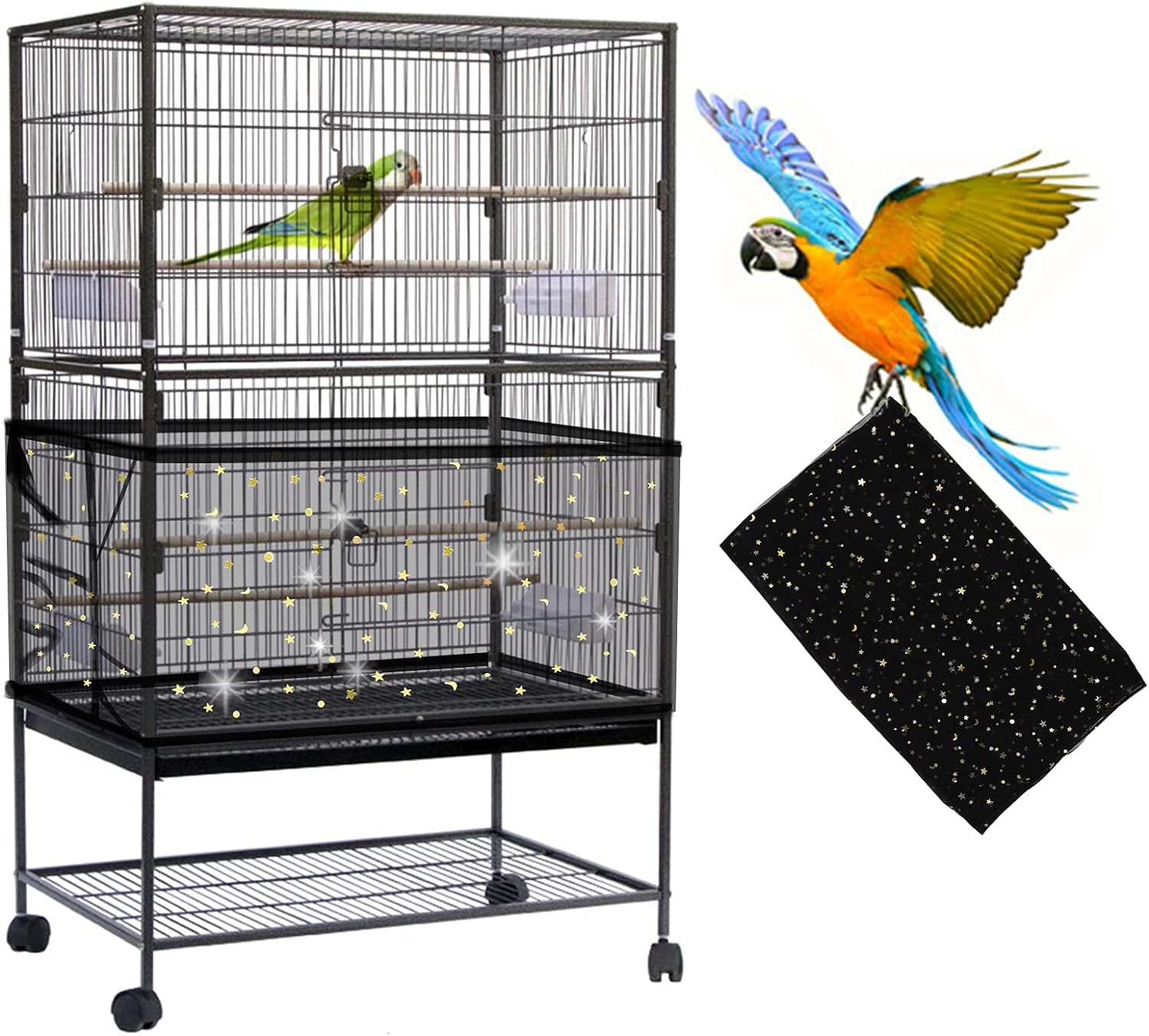 Large Bird Cage Cover, Daoeny Bird Cage Seed Catcher, Adjustable Soft Airy Nylon Mesh Net, Birdcage Cover Skirt Seed Guard for Parrot Parakeet Macaw African round Square Cages (White)