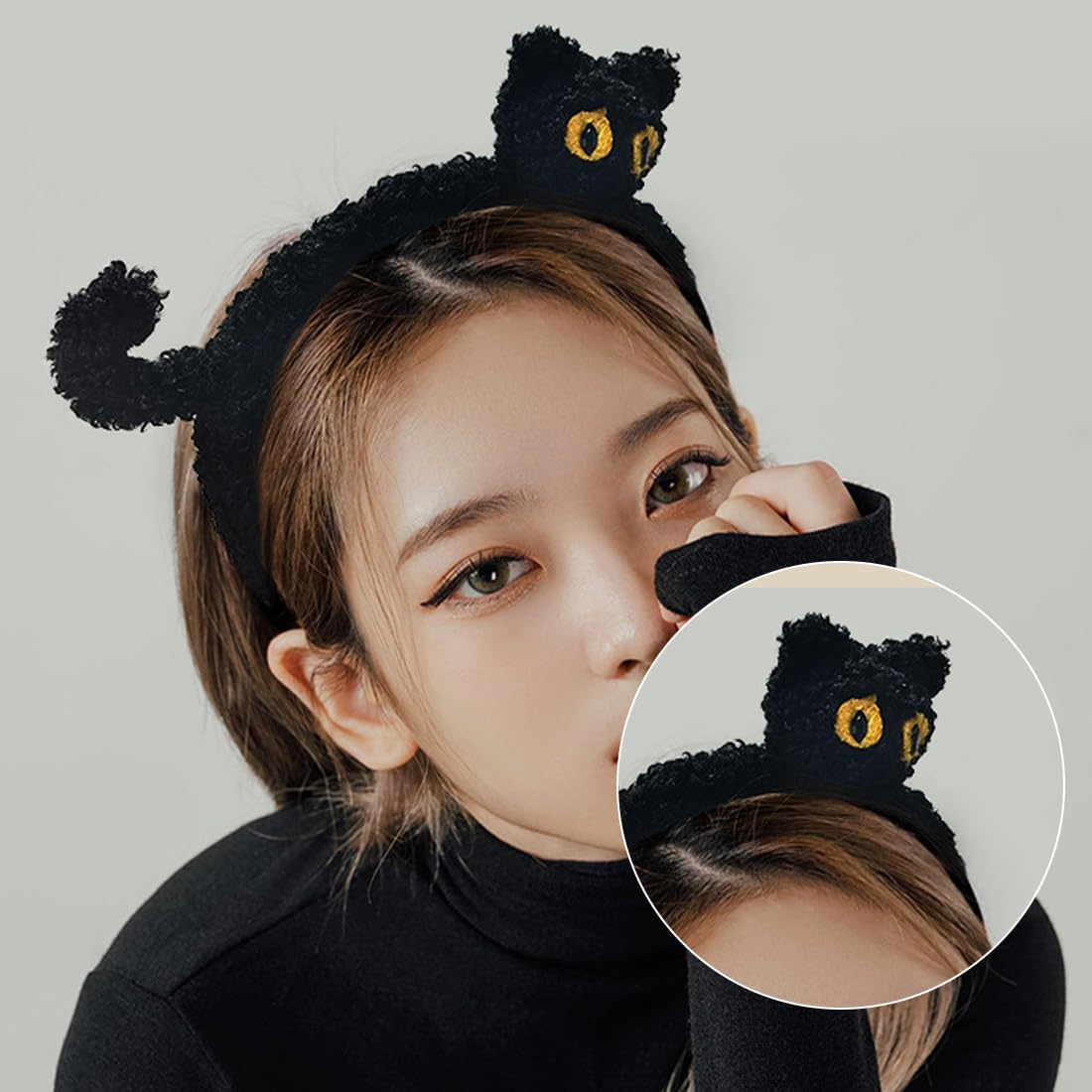 2Pcs Face Wash Headband Spa Hair Bands Black Cat and White Cat Make up Women Cartoon Cute Coral Fleece Hair Accessories for Washing Shower Sports Beauty Skin Care image number 5