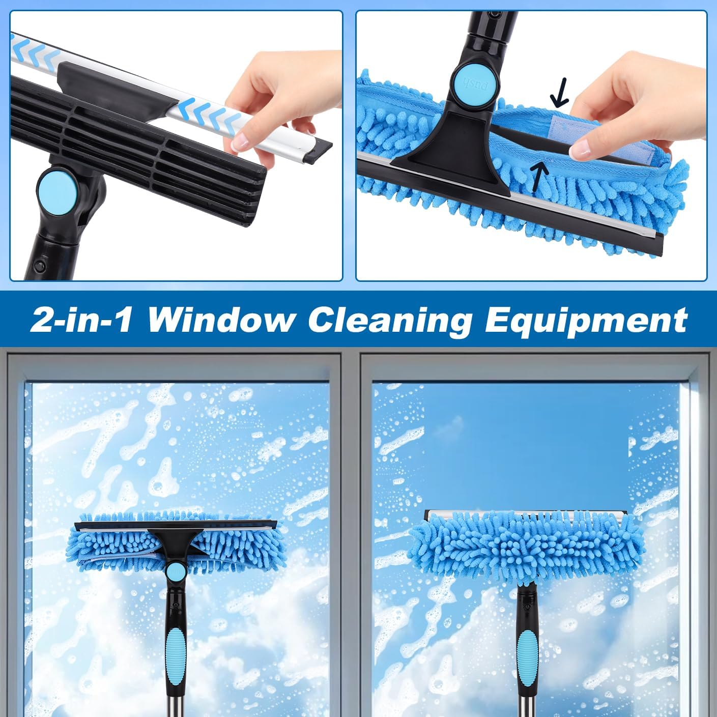 4.3M Extendable Window Cleaner, 2-In-1 Window Cleaner, Telescopic High Window Cleaning Tool, Car Glass, with 2 Microfibre Cloths and Squeegee Blade image number 4