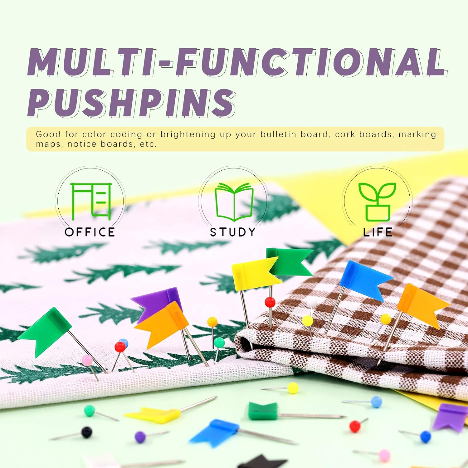 Swpeet 305Pcs 2 Types Colorful Push Pins Tacks with Steel Point Assortment Kit, 1/8 Inch Ball round Head and 7/10 Inch Map Flag Tacks Plastic Marking Pins for Bulletin Board, Fabric Marking image number 3