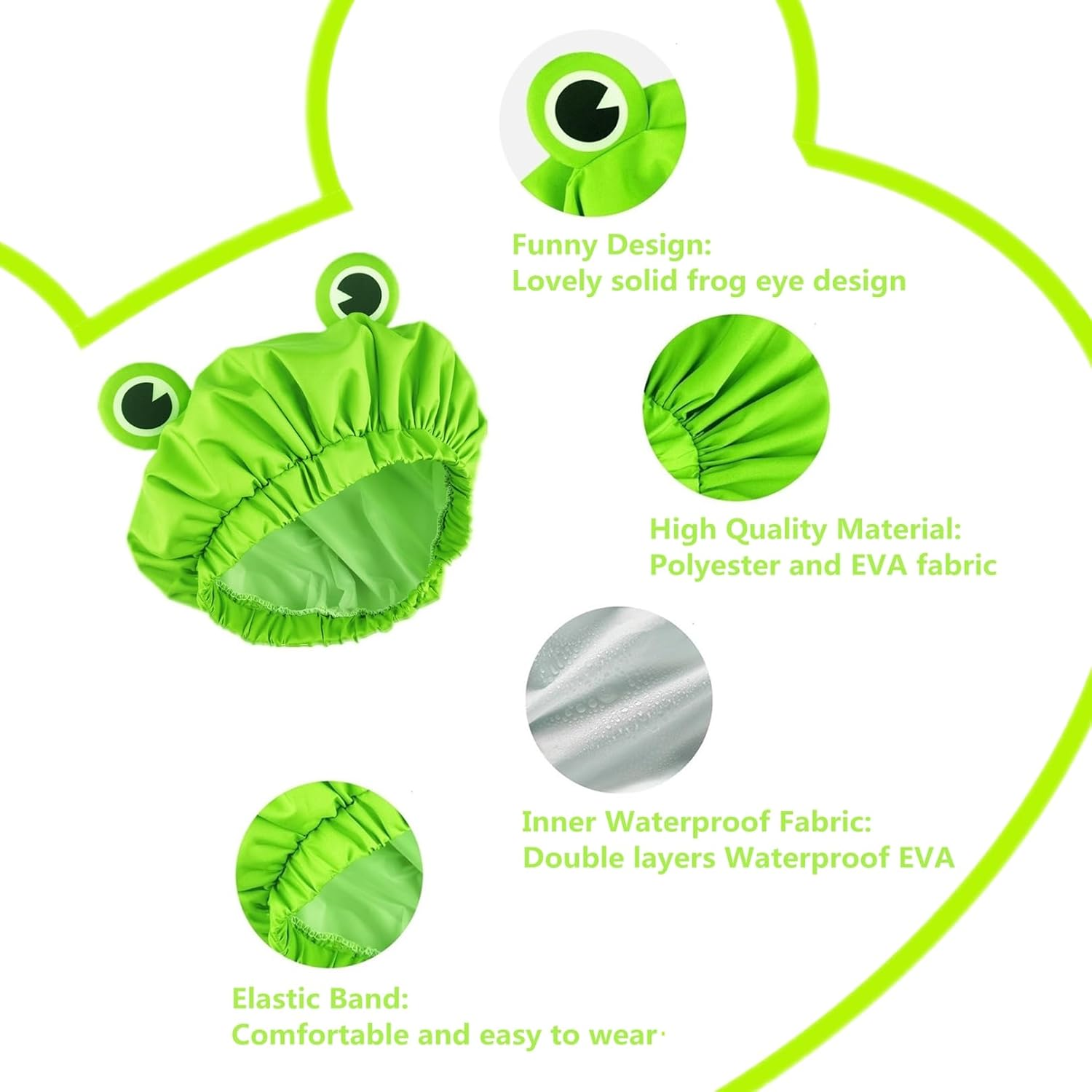 Lamame Shower Cap, Waterproof Reusable Double Layers Bath Cap Elastic Band Hair Cap Green Frog Shower Cap for Women Ladies Spa Salon, Small image number 3