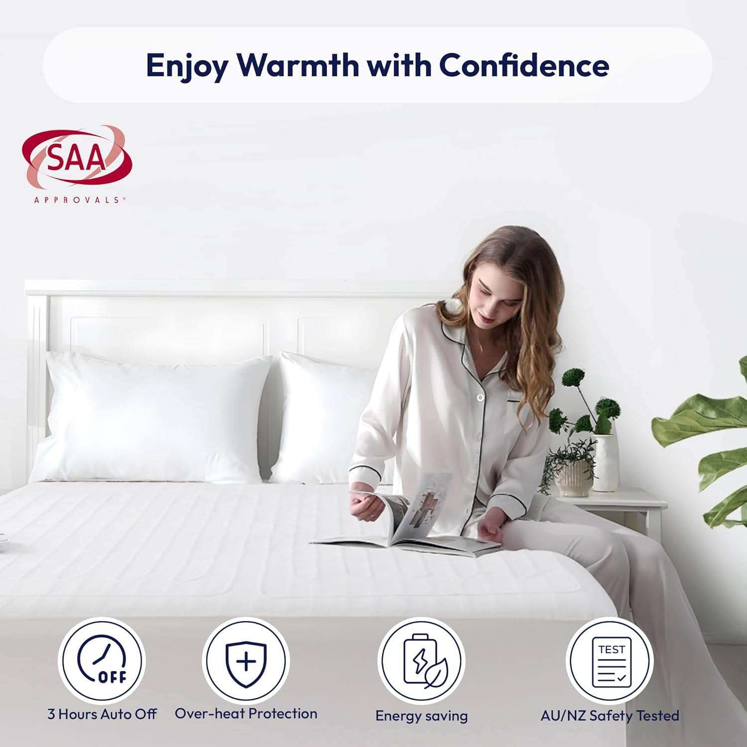 LINENOVA Electric Blanket Queen, Fully Fitted Heated Underblanket with Dual Controls, 3 Heat Settings, Auto-Off Timer, Safety Overheat Protection, Machine Washable Zone Heating - White image number 6