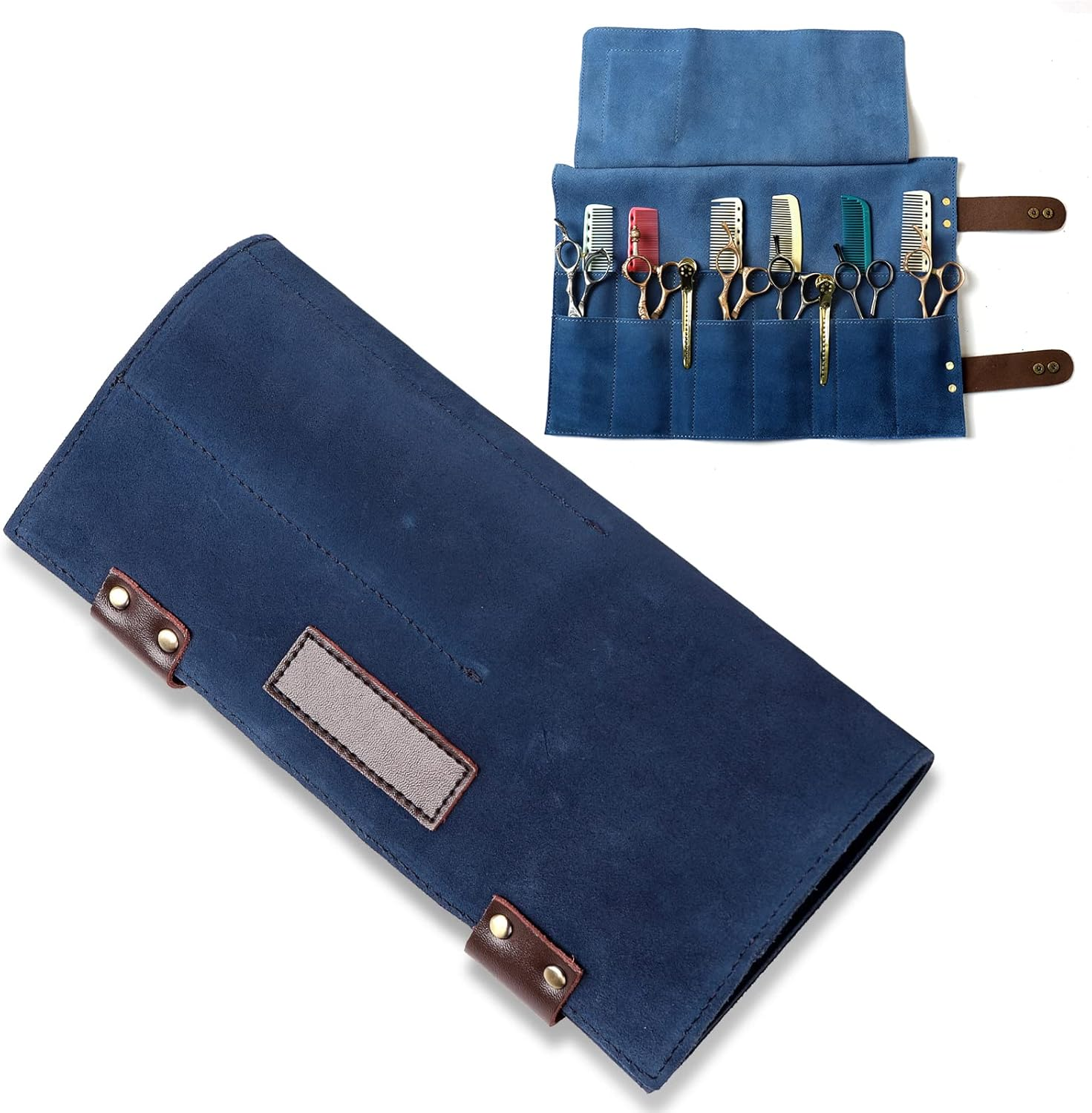 Salon Scissors Bag Roll Up, 12 Pockets Genuine Leather Stylist Grooming Scissors Holder Barber Hair Scissor Shears Cases for Hairdressers (Hj-Zp011-Blue) image number 1