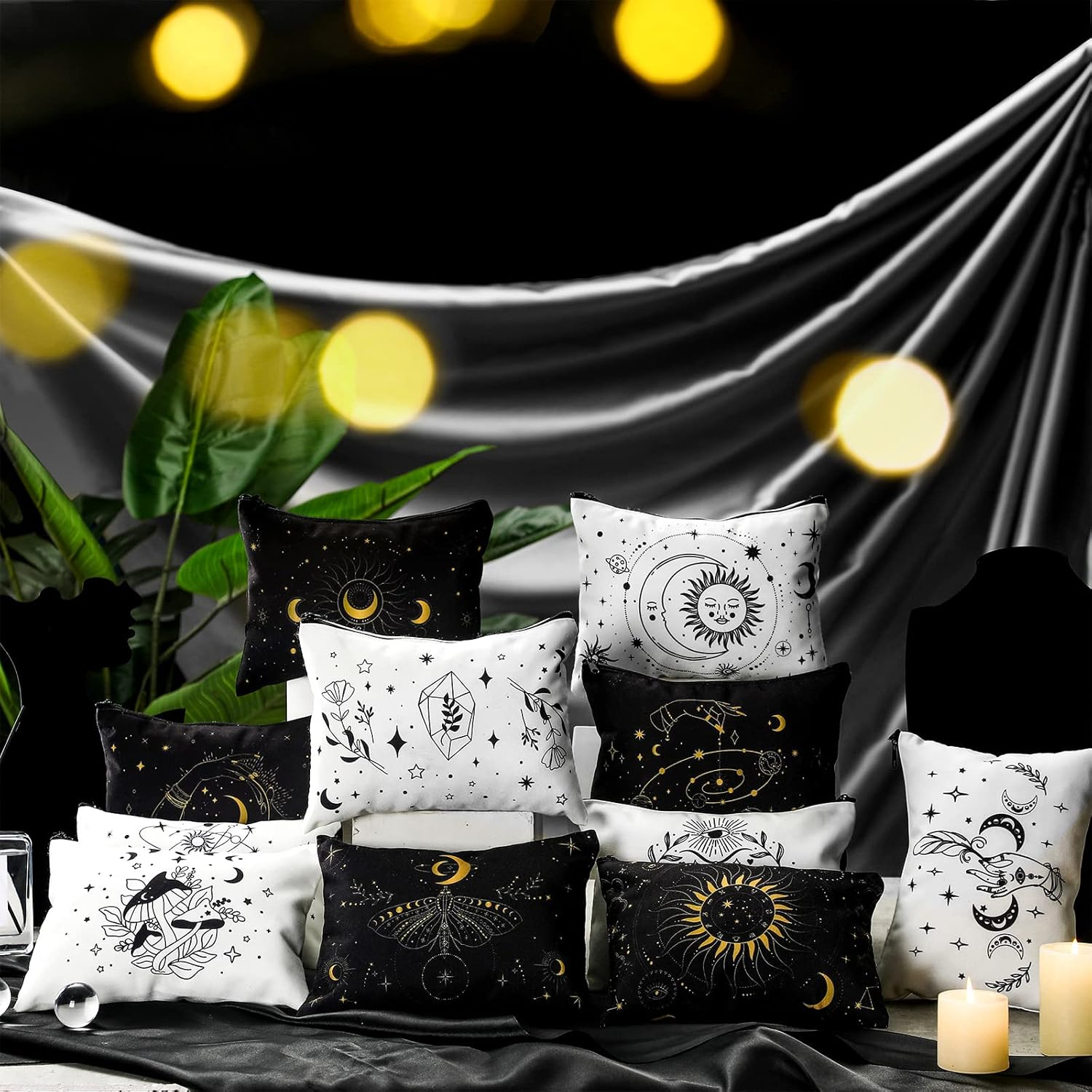 Amylove 12 Pieces Moon Zipper Pouch Bag Witch Tarot Cards Phase Bag Crystals Cosmetic Witchy Purse Toiletry Aesthetic Gothic Makeup Pouch for Women Girls, White and Black image number 6