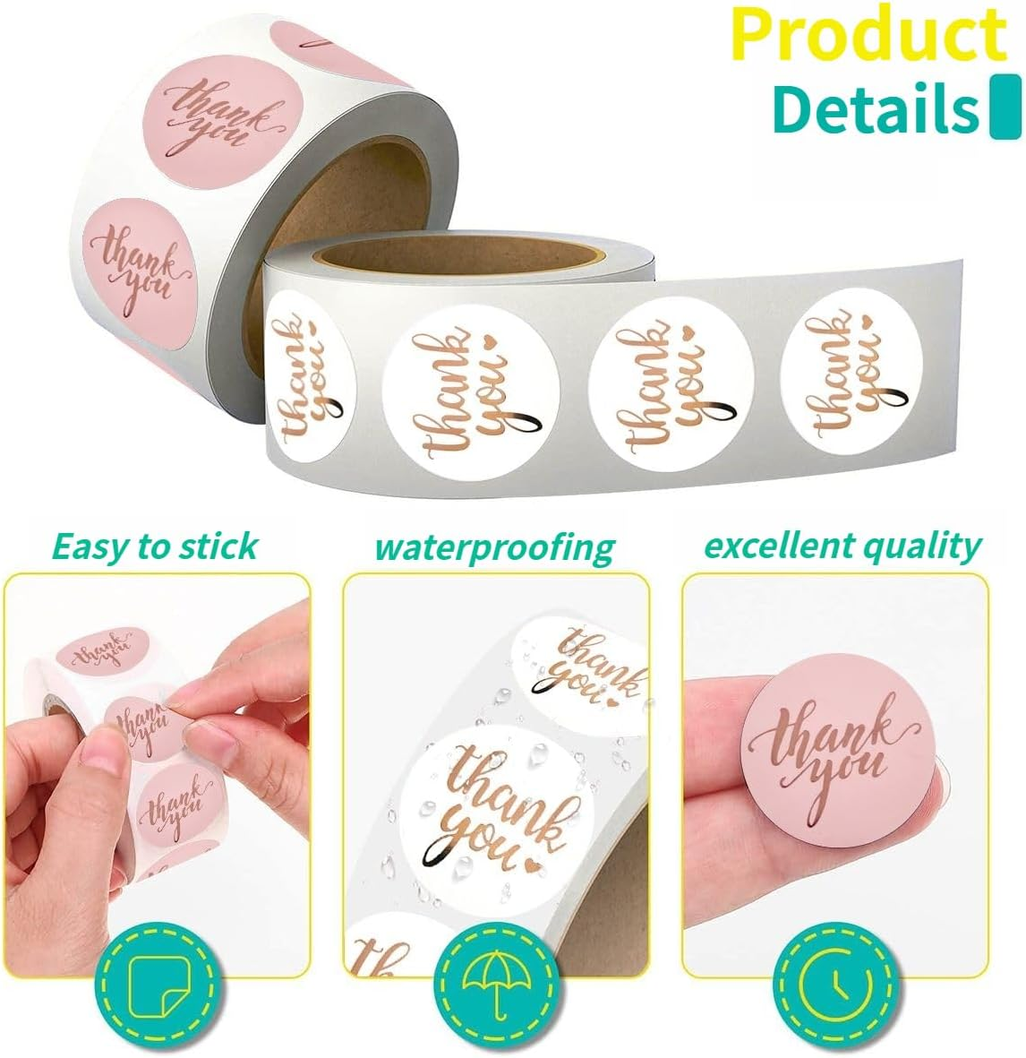 2 Rolls of 3.8 Cm Thank You Stickers,1000 Pieces Foil Stamped Thank You Stickers for Bakery Packaging,Envelope Seals, Small Business, White Sticker Labels for Wedding, Birthday, Party Gift Wrap Bags image number 1