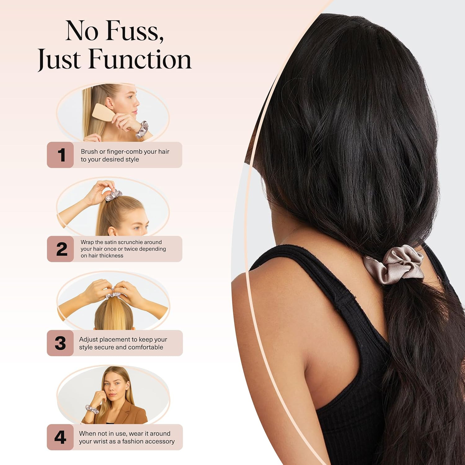 Kitsch Satin Scrunchies for Women - No Crease Hair Ties for Girls | Scrunchies for All Hair Types and Textures, Perfect for Day or Night | Ideal Gifts for Women - 5 Pcs, Cameo - Black image number 5