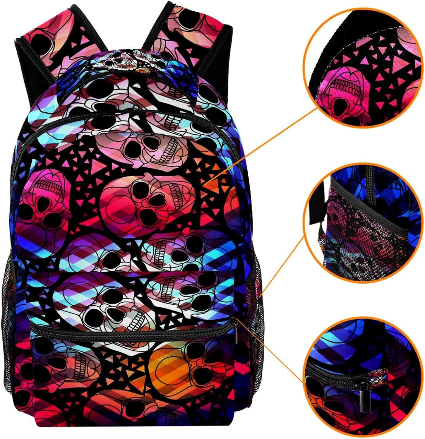Colorful Aurora Gothic Skull with Polygonal Ornament Pattern with Zigzag Lines Backpack Students Shoulder Bags Travel Bag College School Tote Backpacks image number 2