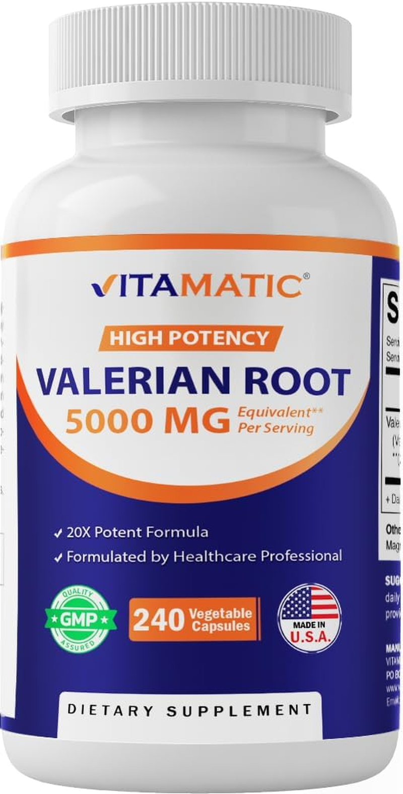 Vitamatic Valerian Root 5000 Mg Equivalent per Capsule - 240 Capsules - 20X Concentrated Extract from 20:1 250Mg - Herbal Sleep Aid image number 4