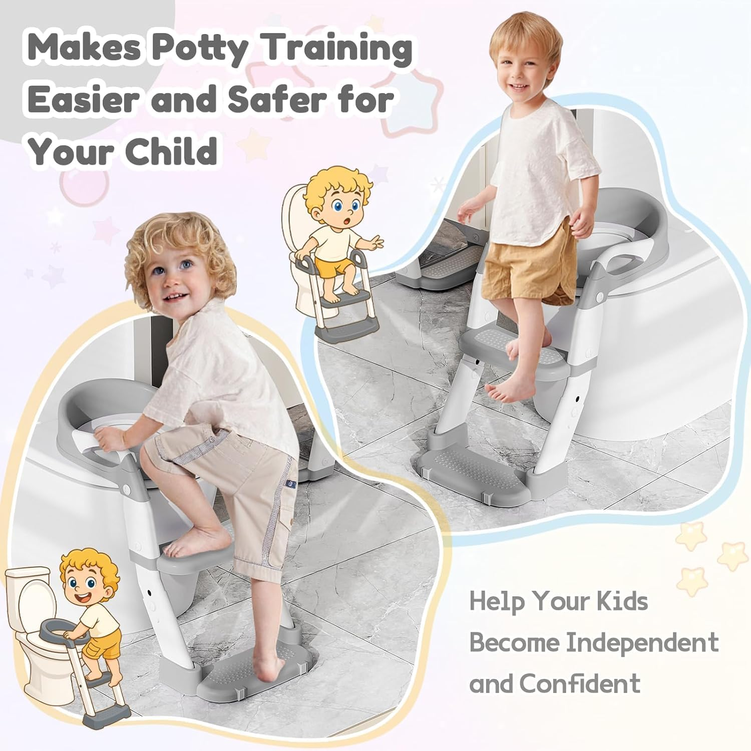 Multifunctional Toddler Potty Trainer with Adjustable Stool, 3-In-1 Potty Seat Cushion, and Step Ladder. Foldable Design with 5 Height Settings, Cushion Seat, and Non-Slip Base (Gray)