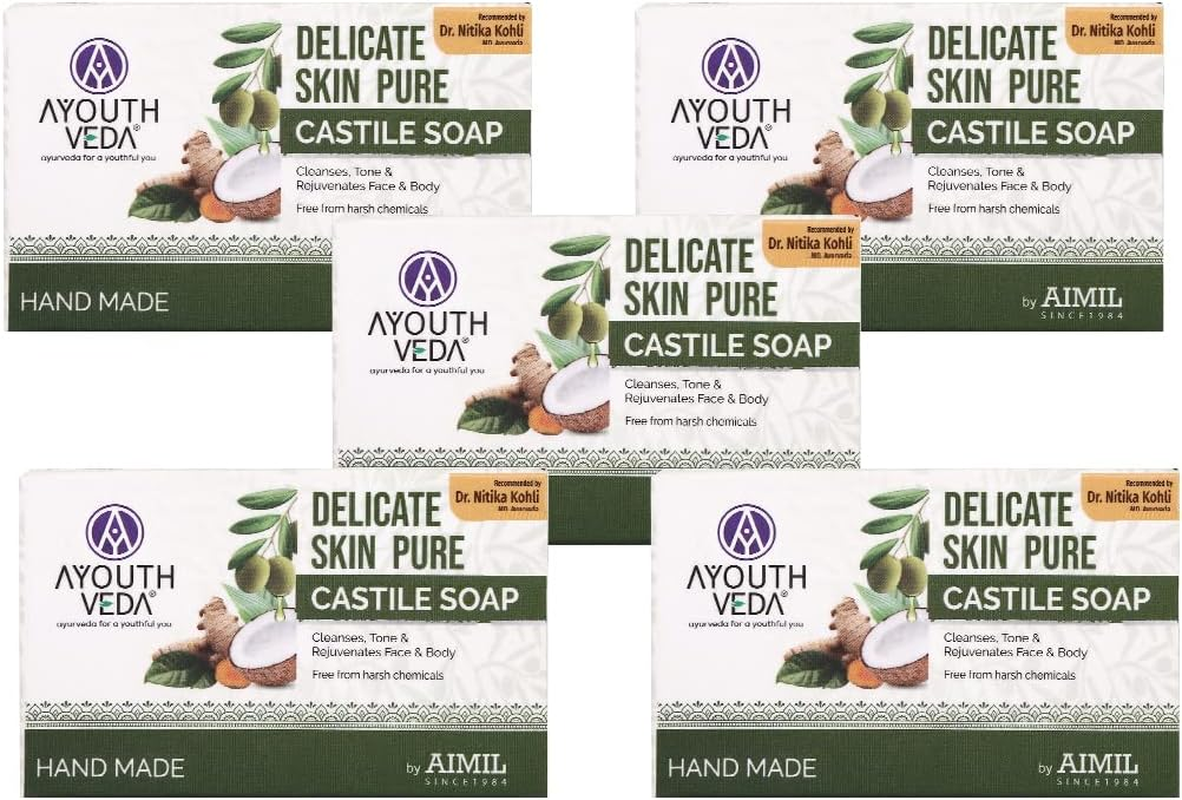 Ayouthveda Delicate Skin Pure Castile Soap, Eliminates Excessive Oil, Soothes Inflamed Skin, Nourishes the Deepest Layer of Skin, 100 Gm (Pack of 5) image number 1