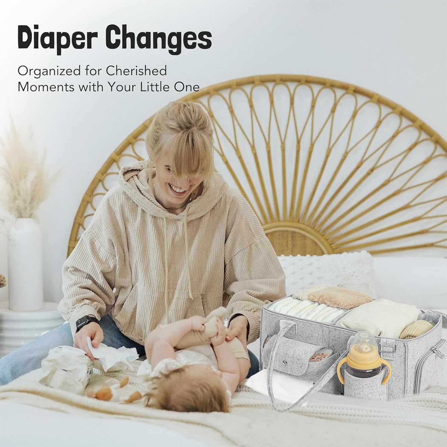 Baby Diaper Caddy Organizer with Lid &ndash; Portable Diaper Tote Bag with Multiple Compartments, Travel Baby Bag for Must-Haves, Newborn Essentials Gift Basket image number 3
