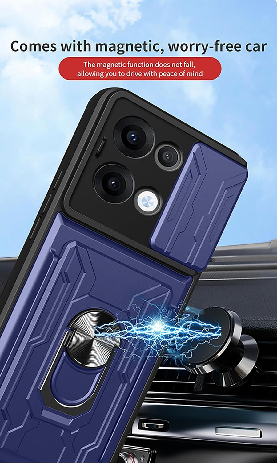 ILING Wallet Mobile Phone Case for Oppo Reno 13 Pro 5G (Reno13 Pro 5G), Ultra Thin Shockproof Matte PC Silicone Case Armour Protective Case with Card Slot, Ring Stand, Camera Protection (Blue) - Blue image number 5