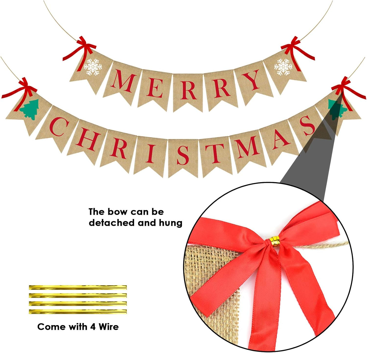 PACETAP Merry Christmas Burlap Banner with 4 Red Bows, Home Indoor Christmas Decorations for Fireplace, Chimney, Wall, Tree image number 6