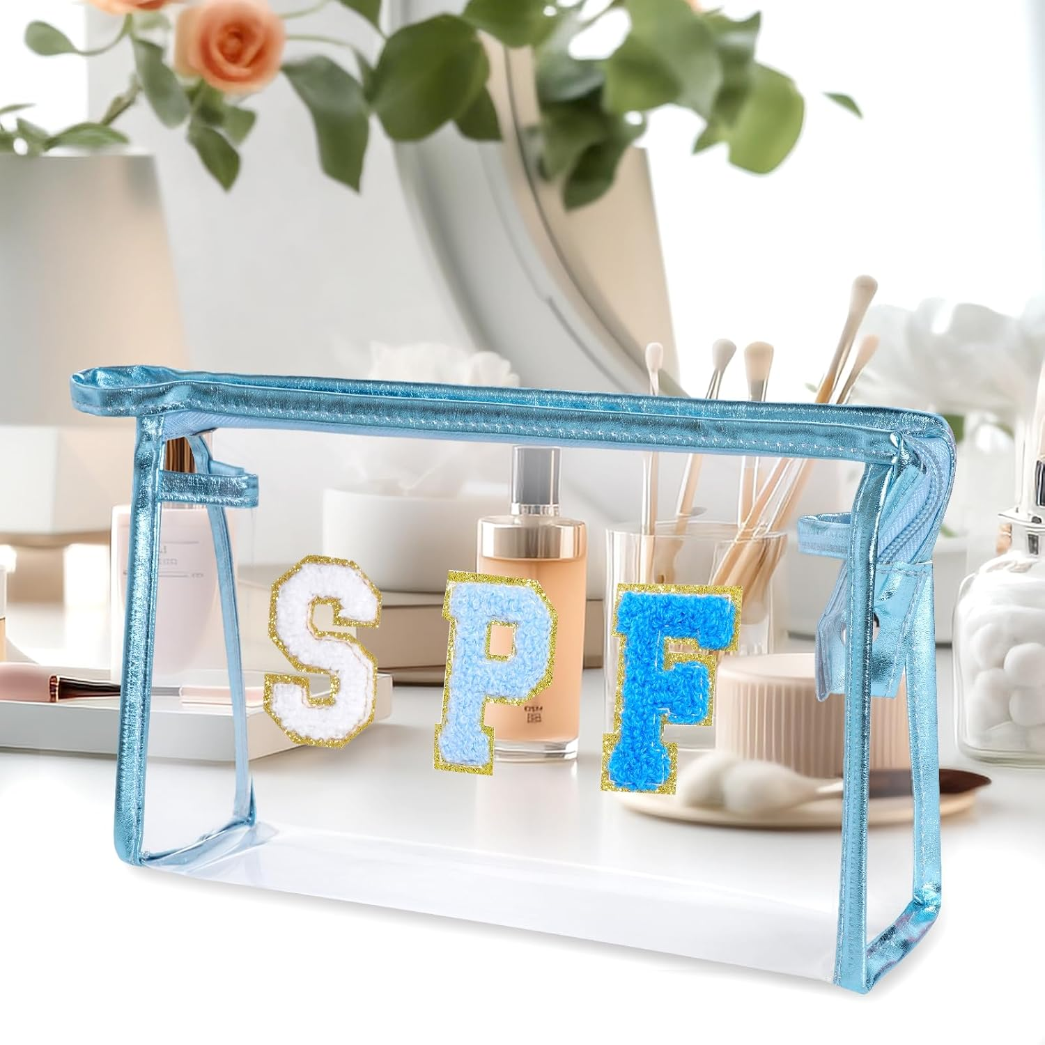 Clear Preppy Patch Makeup Bag, SPF Chenille Letter Bag for Beach, Clear Pouch with Zipper, Preppy Travel Bags Clear Cosmetic Toiletry Bag for Women Girls Teens, Blue SPF Blue - Blue Spf Blue image number 4