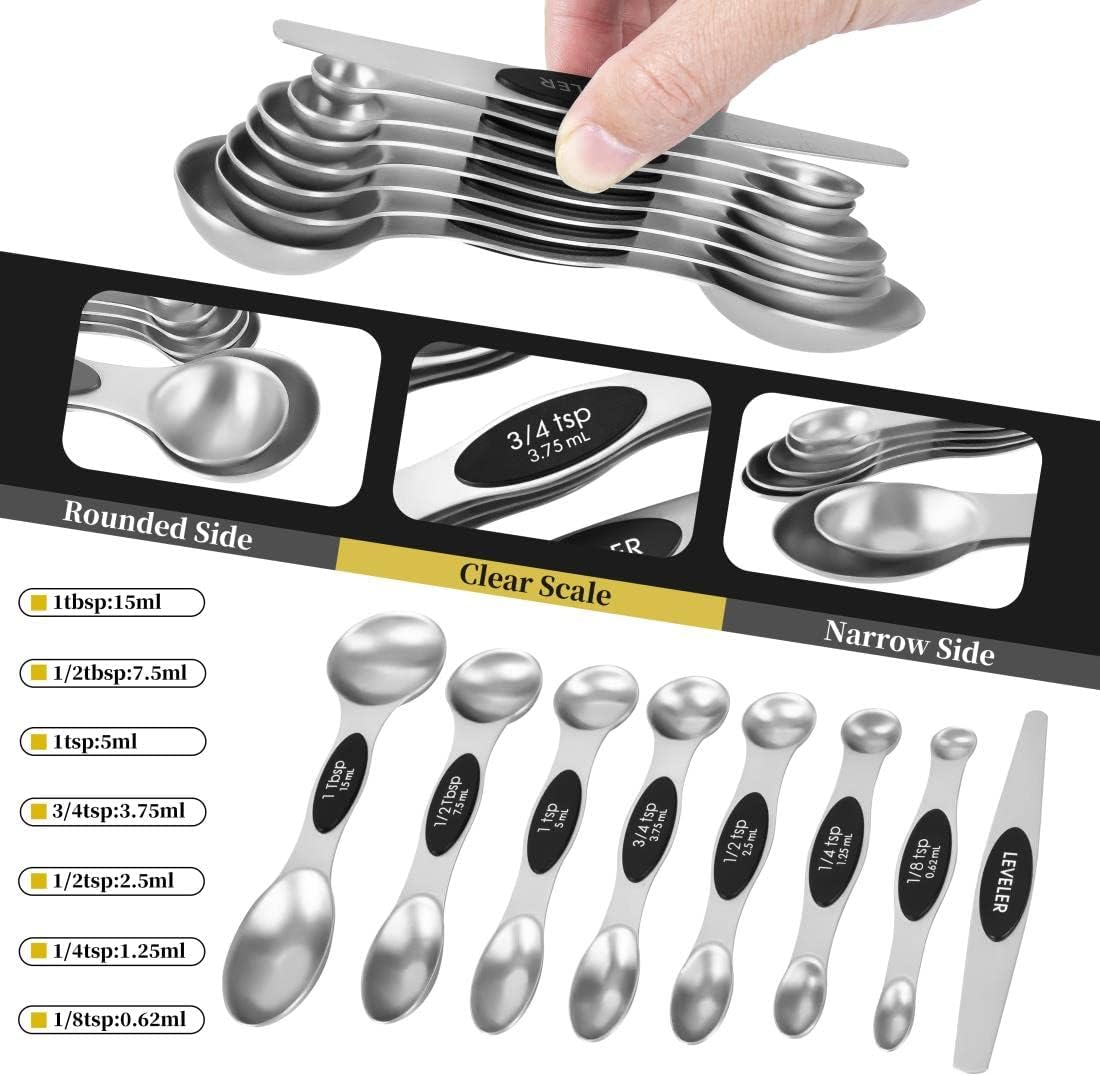 KELOFKO 16 Pieces Measuring Cups and Magnetic Measuring Spoons Set Stainless Steel, 8 Measure Cups with Silicone Handle and 7 Double Sided Magnetic Measure Spoons & 1 Leveler, Measuring Cup Set image number 4