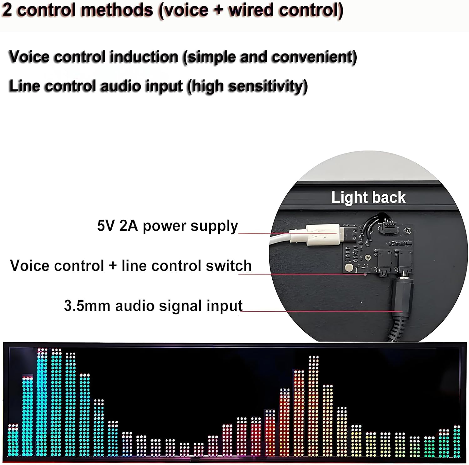 LED Music Spectrum Indicator, RGB Audio Level Music Spectrum Analyzer with 4 Frequency Ranges and 36 Display Modes, Voice Control + Line Control, Support 5 Clock Settings, for Car, Studio, Home image number 2