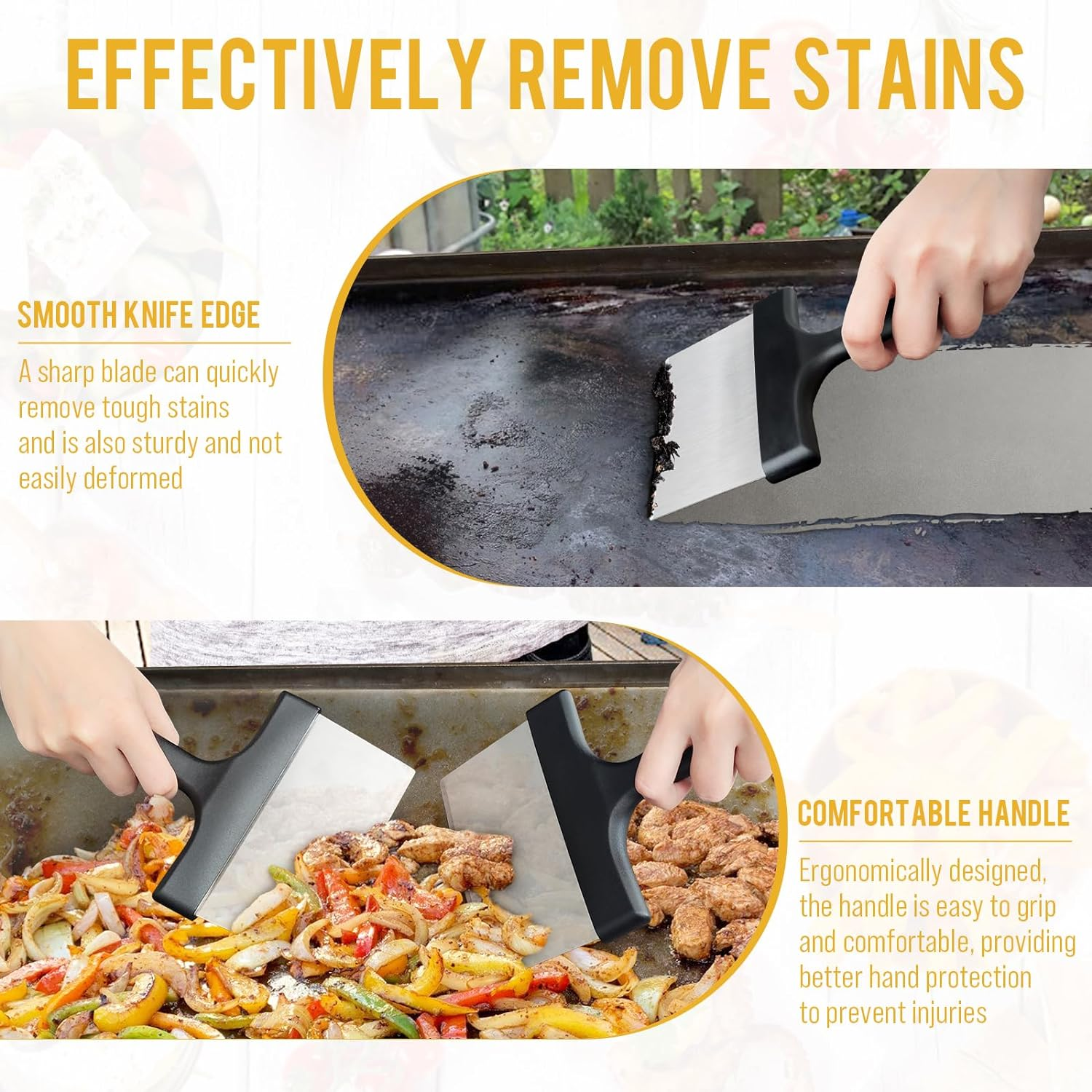 Heavy Duty Grill Scraper Stainless Steel Griddle Scraper with 5 Inches Handle,Sturdy Food Scraper Tool Kitchen for Blackstone Grill Accessories,Outdoor Barbecue Turners Tools (Black 2 Pcs) image number 4