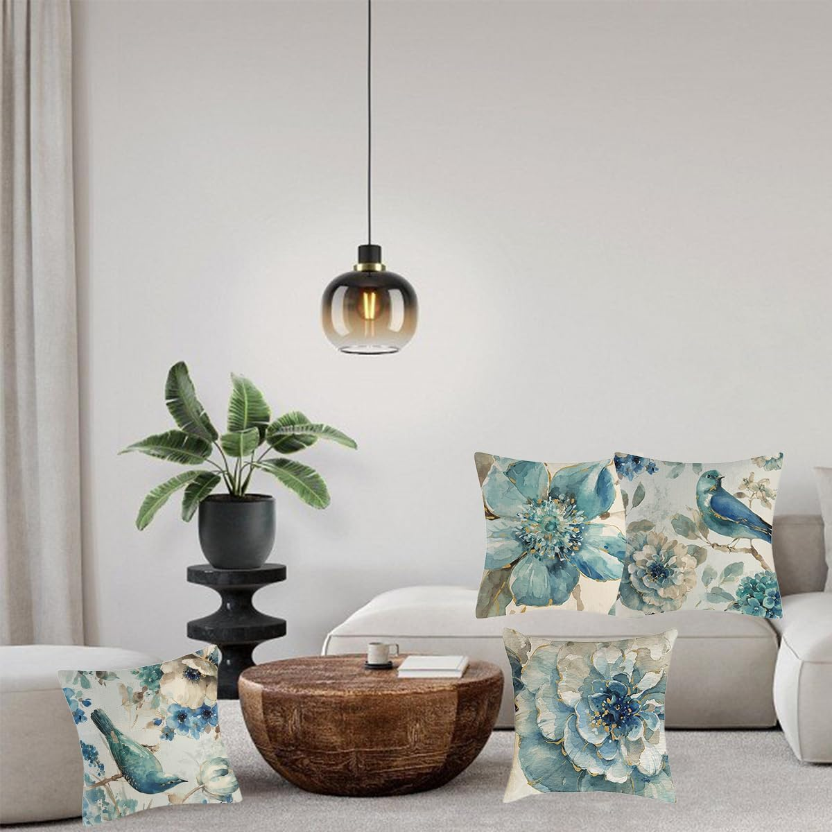 Decorative Throw Pillow Covers Set of 4, 18X18 Inch Square Cushion Covers Decoration Pillowcases Linen Cushion Case for Sofa Patio Living Room Couch Home (Flower and Bird, 45X45Cm/18X18Inch/4Pcs) image number 3