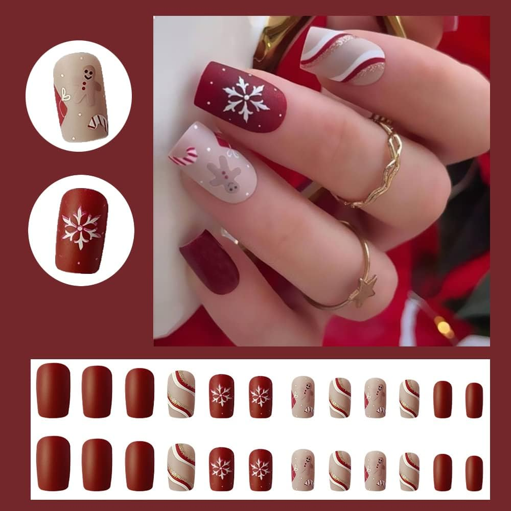 Christmas Press on Snowflake Nails Red Square Fake Nails with Lines Swirl Gingerbread Design Matte Full Cover Glue on Winter False Nails 24 Pcs - B image number 4