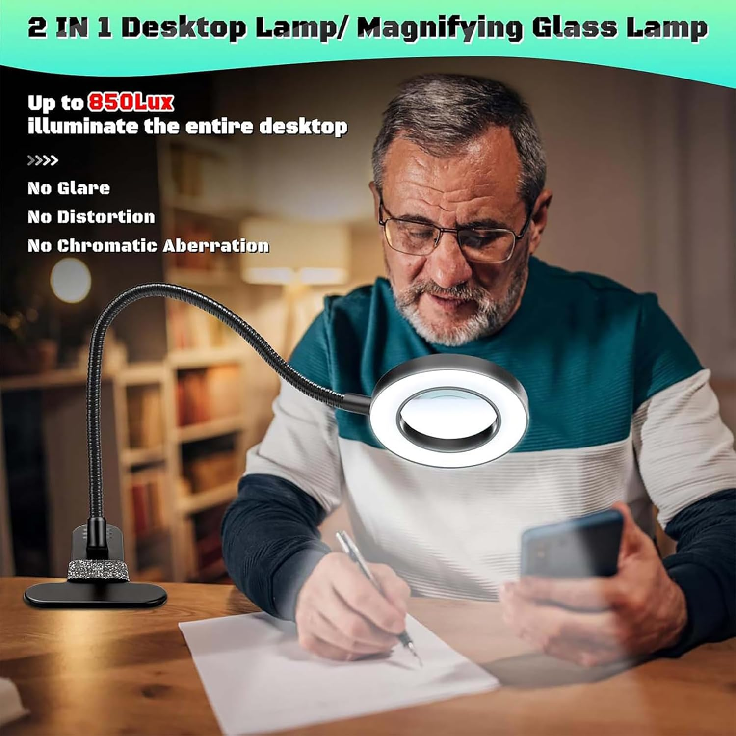 Magnifying Glass with Light, Adjustable Gooseneck Reading Lamp, 10X 48 LED Desk Lamp with Clamp, 3 Modes Dimmable LED Lamps for Bed Work Crafts DIY Repair image number 4