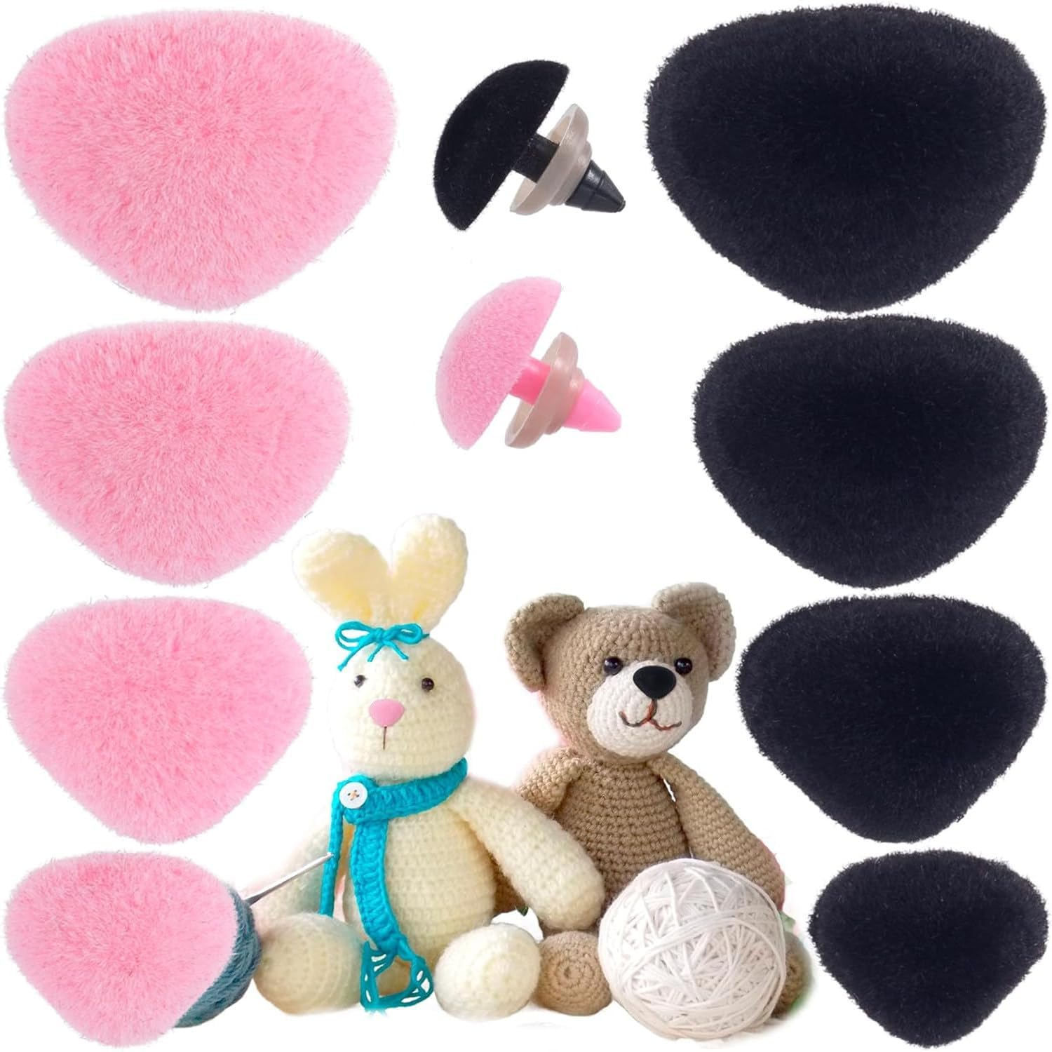 32Pcs Safety Noses 11/15/17/18Mm Plastic Noses with Washers, Flocking Teddy Bear for Crochet, Plush, and Craft Puppets (Pink & Black)