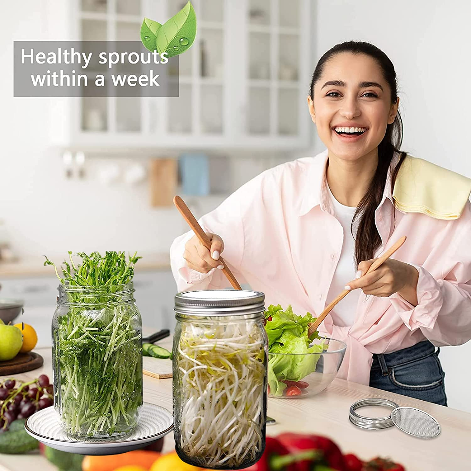 2 Pack Seed Sprouting Jar Kit- 1L Wide Mouth Quart Mason Jars with Sprout Lids, Sprouts Growing Kit Quart Sprouting Jars for Melamine Tray,Stand Seed Sprouter Set for Growing Broccoli image number 1