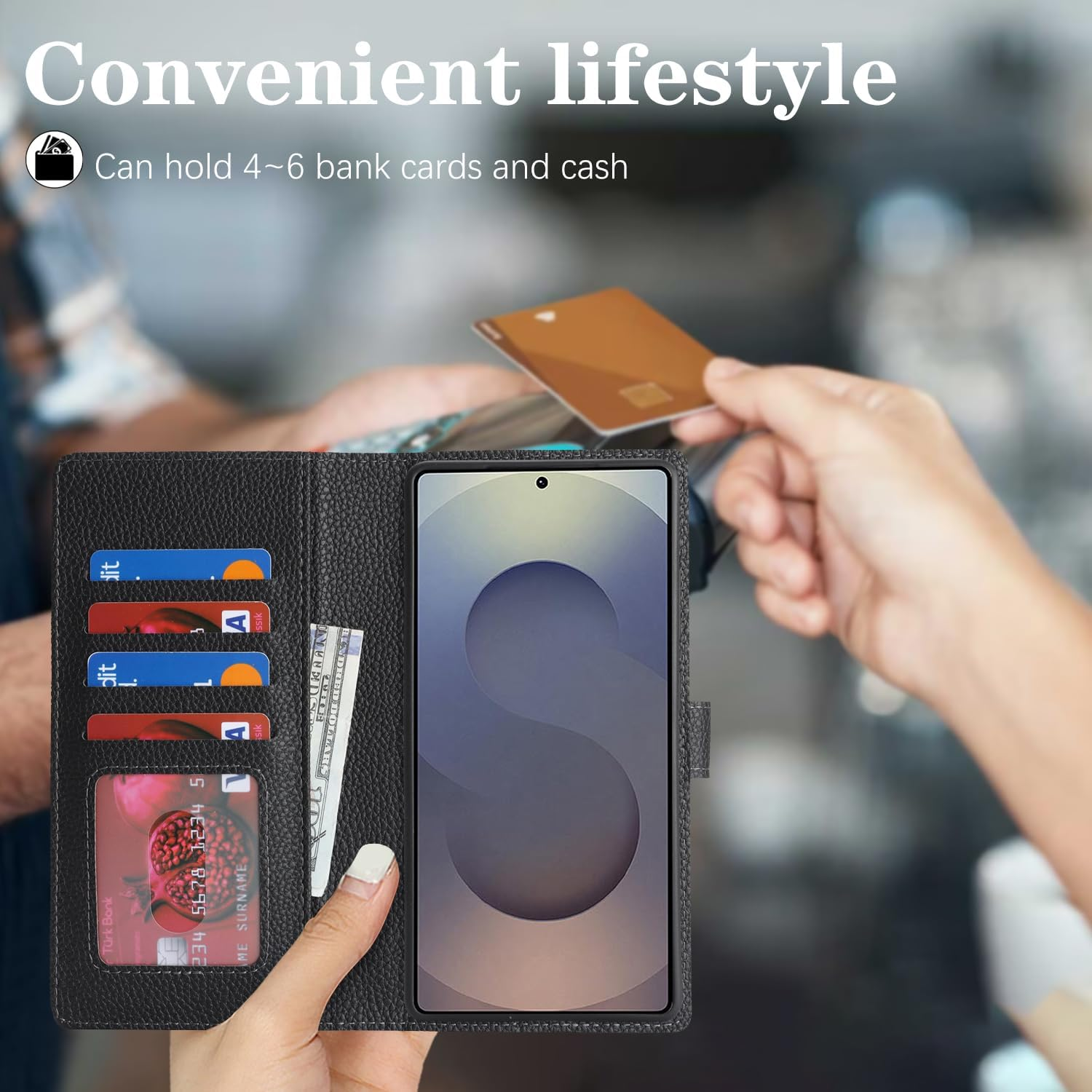 Cavor for Samsung Galaxy S25 Ultra Wallet Case Litchi Leather Case 2 in 1 Magnetic Detachable Support Magsafe Charging with Kickstand and Card Holder Flip Folio Protective Cover -Litchi Black image number 6