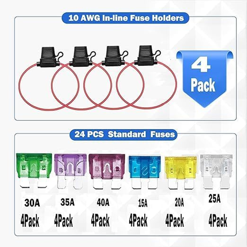10 AWG Waterproof ATC/ATO Inline Fuse Holder with 24Pcs Standard Car Fuses (15A, 20A, 25A, 30A, 35A, 40A), 4 Packs of Automotive Replacement Fuses image number 2
