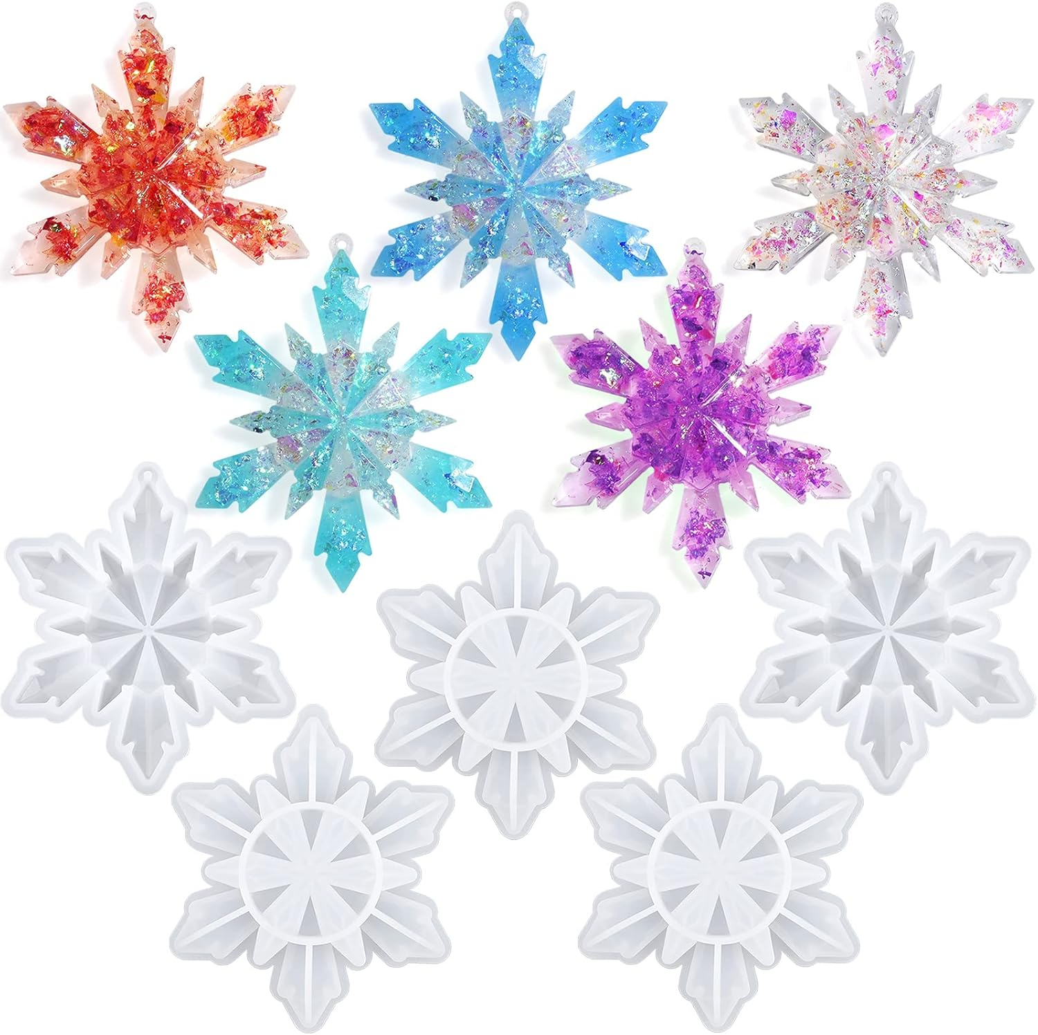 Sakolla 5 Pieces Christmas Silicone Resin Molds 3D Snowflake Molds Silicone Epoxy Casting Resin Mould for DIY Christmas Ornament Jewelry Pendant Decoration, Keychain image number 2