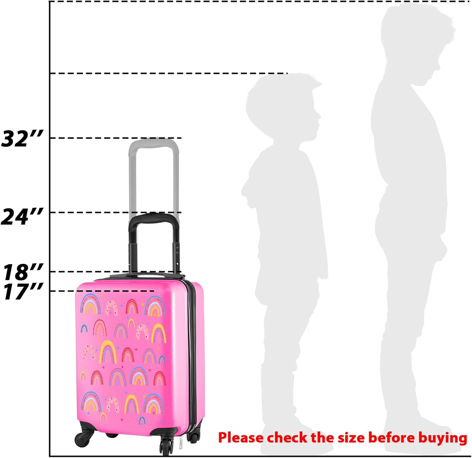 Sanwuta 4 Pcs Kids Luggage Set Kids Backpack Travel Rolling Suitcase with Wheels U-Shape Pillow Childrens Gift for Girls Boys, Rainbow Pink, 17 Inch, Rainbow Style image number 3