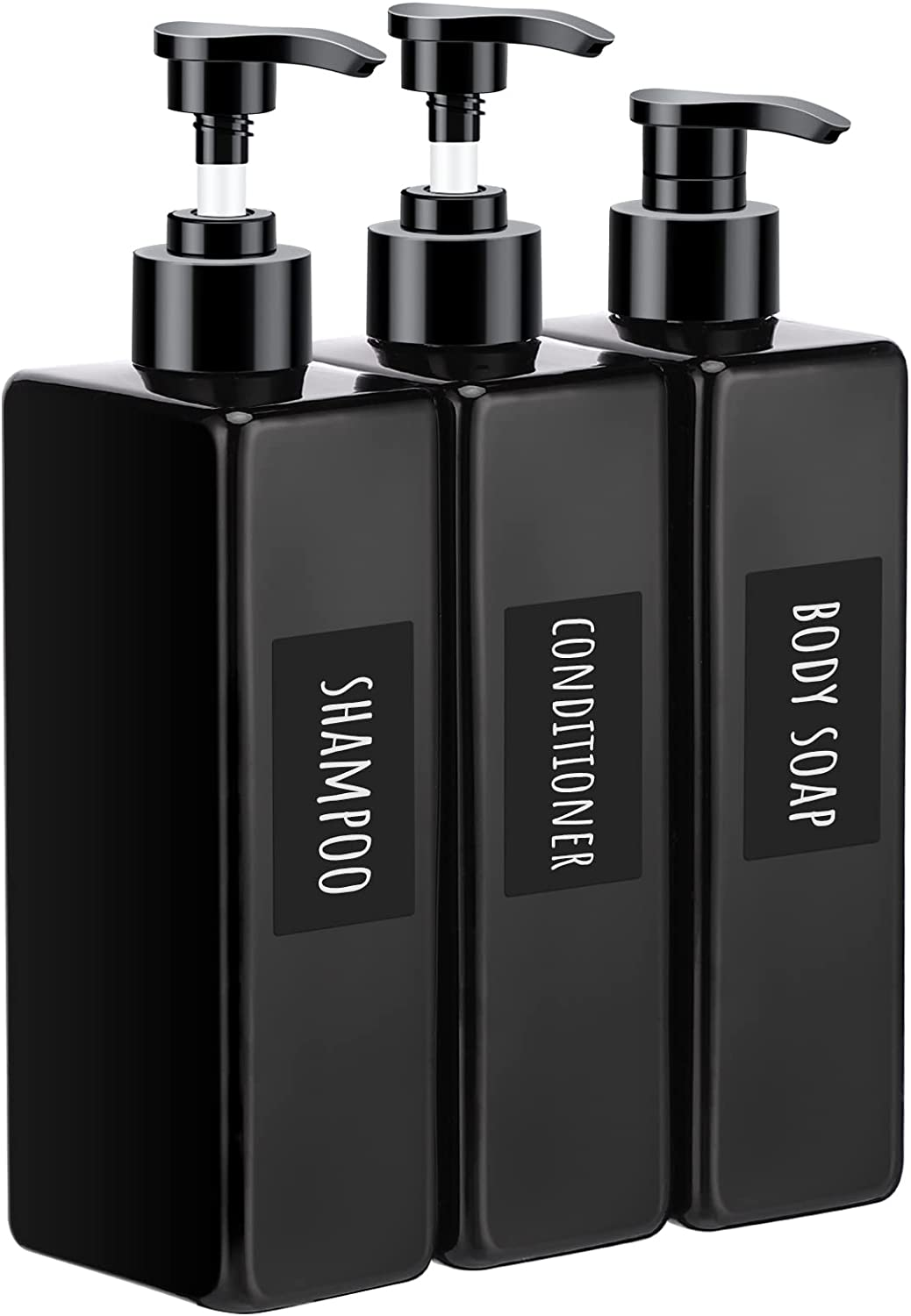 Segbeauty Shower Refillable Dispenser, 3Pcs 16.9Oz 500Ml Pump Press Bottles with Labels, Empty Reusable Plastic Soap Dispenser Bathroom Shower Containers for Body Wash Shampoo Conditioner Lotion Black