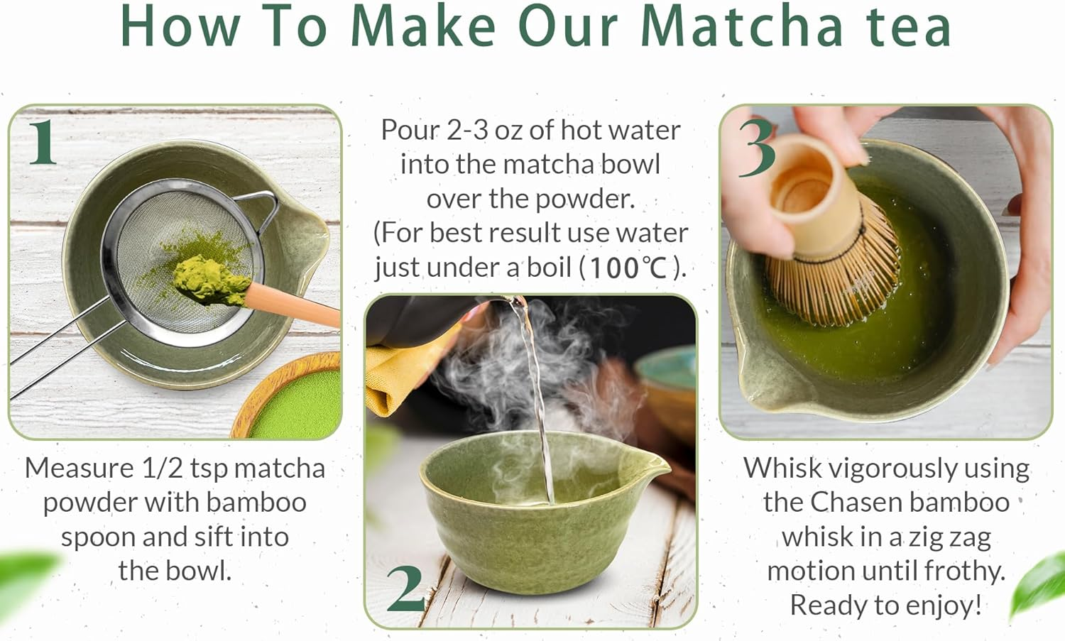 6Pcs Matcha Kit Set，Matcha Set Includes Bowl with Spout and Bamboo Matcha Whisk, Bamboo Matcha Scoop, Spoon and Stainless Sifter, Japanese Tea Making Tools, Bottle Green Matcha Kit for Matcha Lovers image number 2