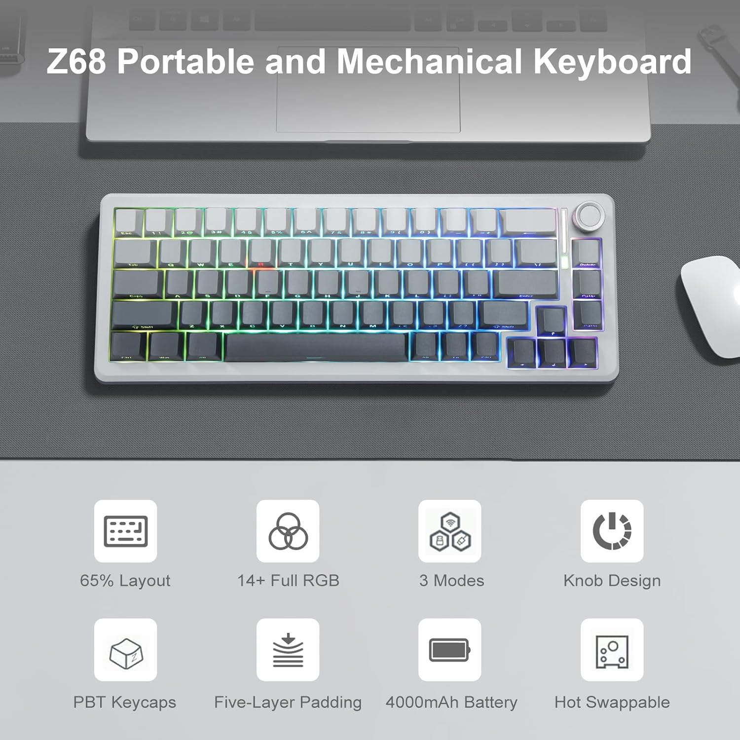 E-YOOSO Z-68 Wireless Mechanical Keyboard,65% Hot Swappable Custom Keyboard with Knob,Rgb Backlit,Pre-Lubed Reaper Switches,Side Printed PBT Keycaps,2.4Ghz/Usb-C/Bt5.0 Mechanical Gaming Keyboards image number 6