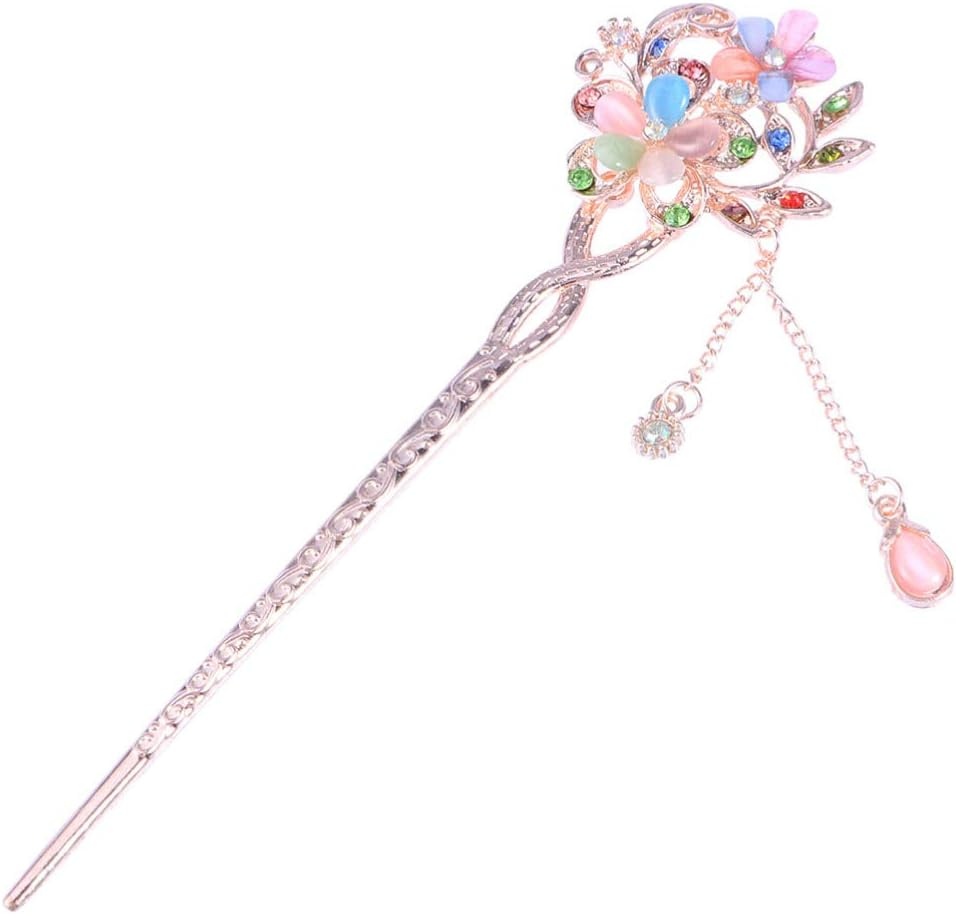 Minkissy Rhinestone Flower Hair Sticks Blue Cat'S Eye Gemstones Vintage Chinese Hanfu Hair Chopsticks with Tassel Floral Hairpins Hair Styling Accessories