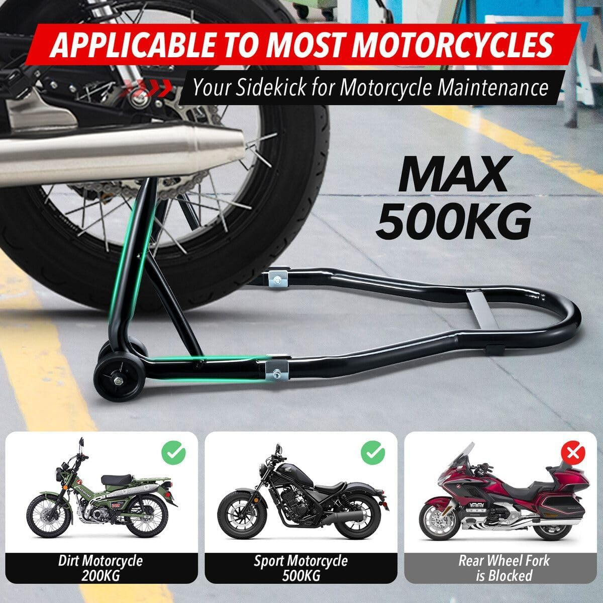 AUSWAY Rear Motorcycle Stand Motorbike Carrier Sport Dirt Bike Back Wheel Lift Paddock 500Kg Swingarm Fork Heavy Duty Steel Compatible for Suzuki Yamaha Honda Kawasaki image number 4
