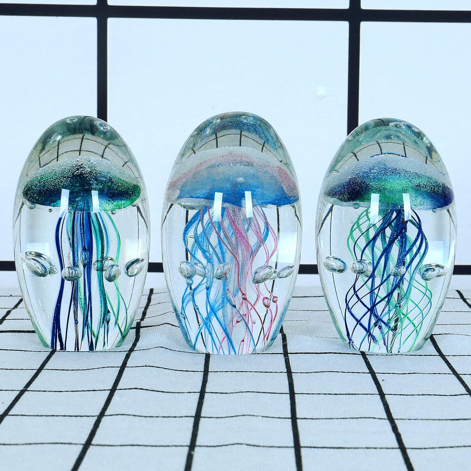 EUSTUMA Hand Blown Glass Jellyfish Figurine Ornament,Sea Animal Ornament for Fish Tank Aquarium,Sea Animals Collection for Birthday Gift,Glass Paperweight - Blue image number 2