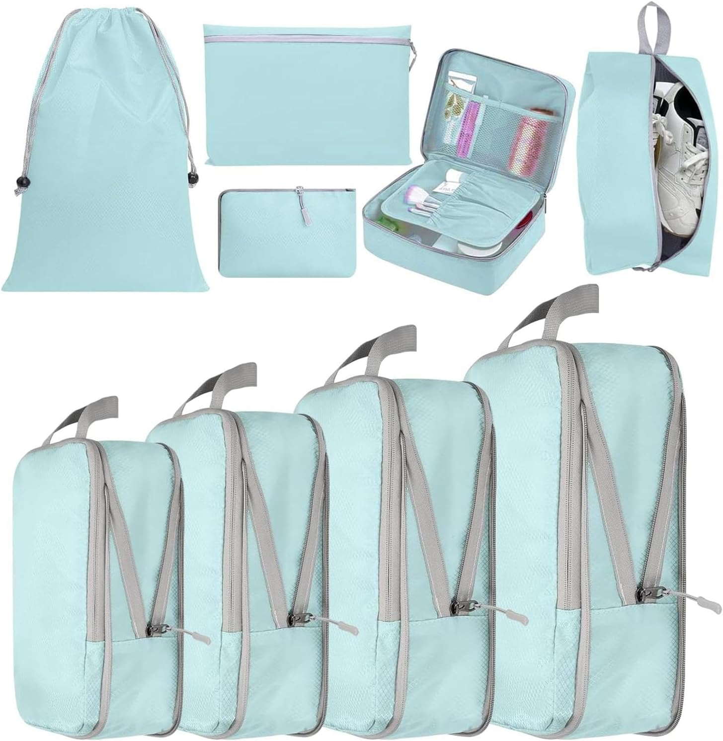 BEANPRECOY 9PCS Compression Packing Cubes for Travel - Waterproof Lightweight Luggage Organizers Set,Various Sizes Space Saver Bags for Carry-On Suitcase,Backpack,Vacation Tour Accessories (Blue/Gray)