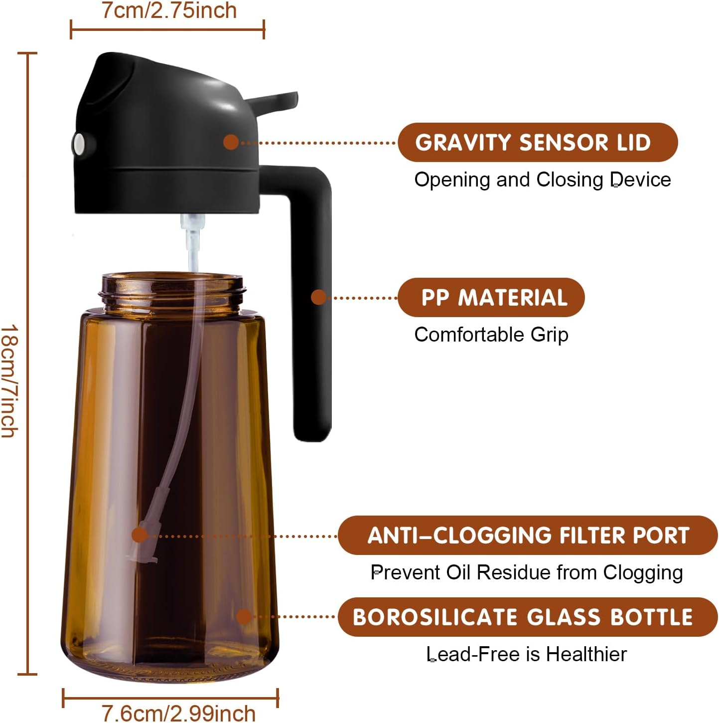 YARRAMATE 16Oz/470Ml Light-Blocking Dark Oil Sprayer for Cooking, 2 in 1 Olive Oil Dispenser Bottle for Kitchen, Premium Dark Amber Glass Oil Bottle, Food-Grade Oil Mister for Air Fryer, BBQ (Black) image number 2