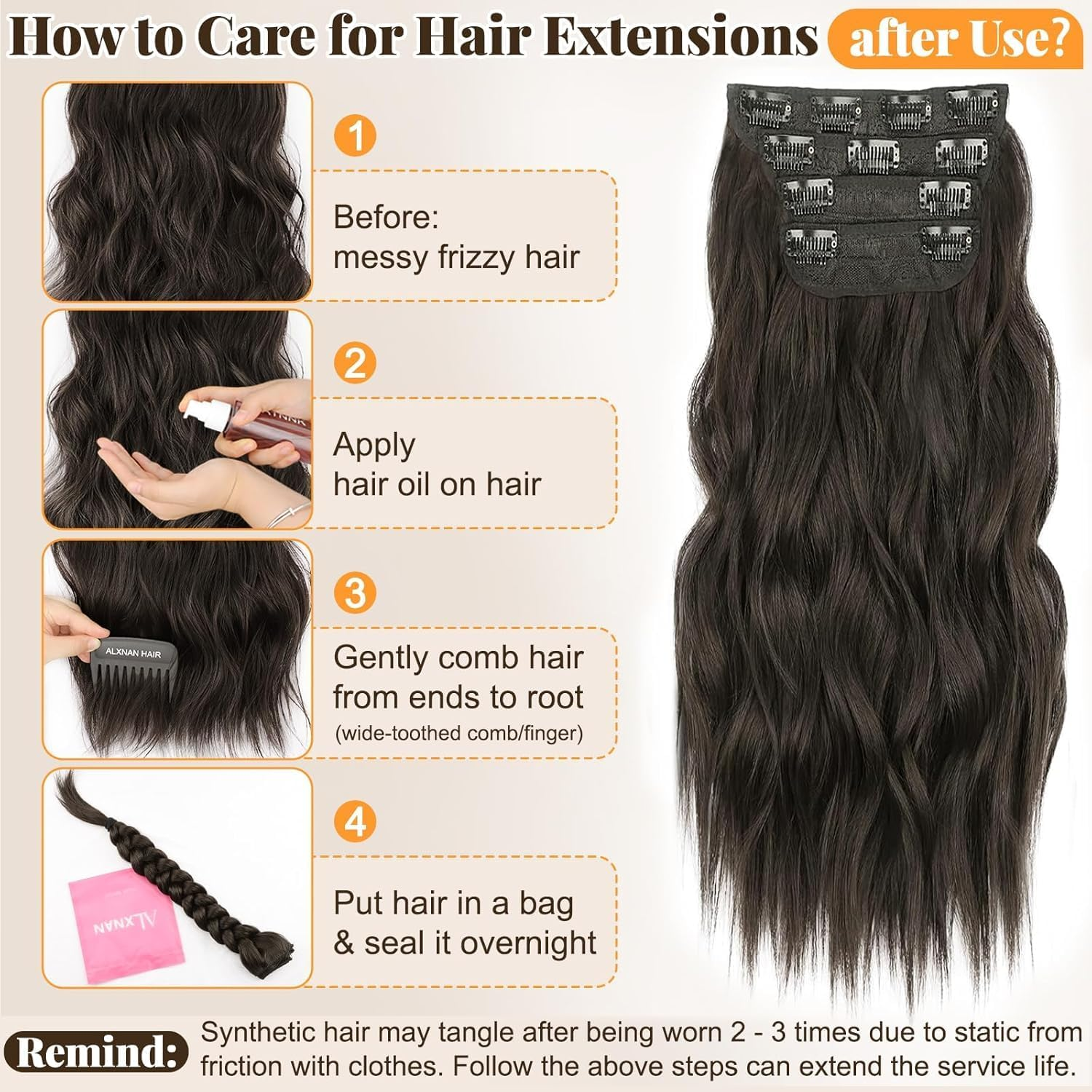 Clip in Hair Extensions, 24 Inches 4Pcs Long Wavy Soft Synthetic Curly Hair Extensions Clip Ins Weft Hairpieces for Women (Dark Brown) - Blackish Brown image number 3