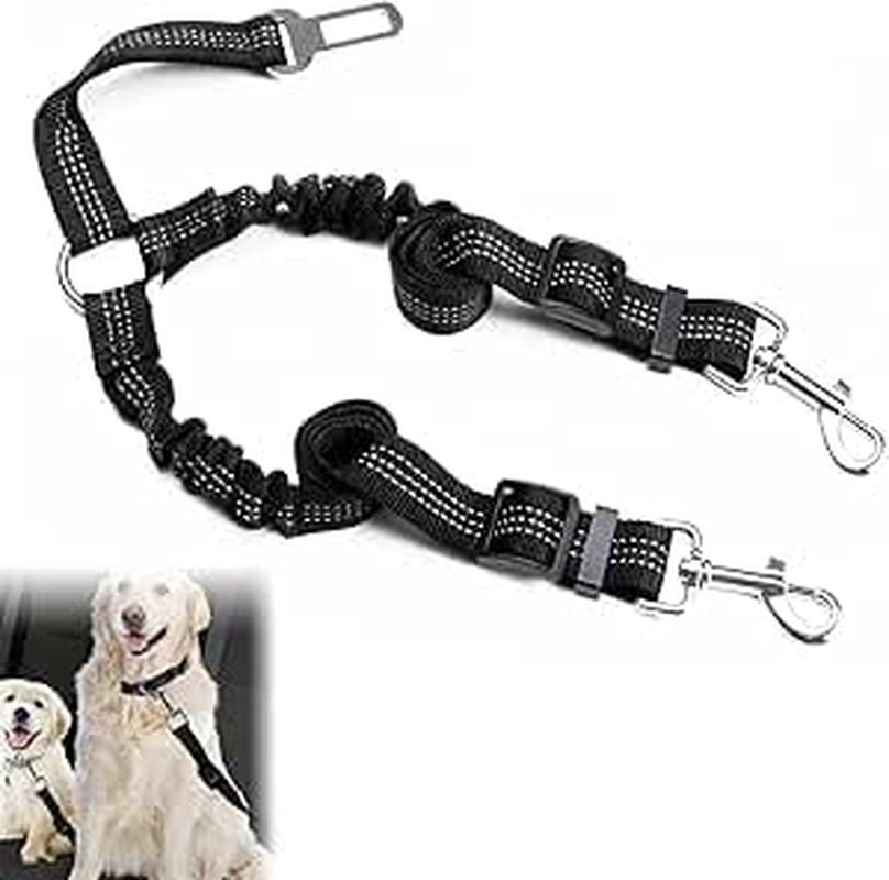 Double Dog Cat Seat Belts, Car Headrest Restraint Adjustable Travel Leash,Safety Elastic Leads Splitter Connect Vehicle Seatbelt Harness for 2 Dogs (Blue)