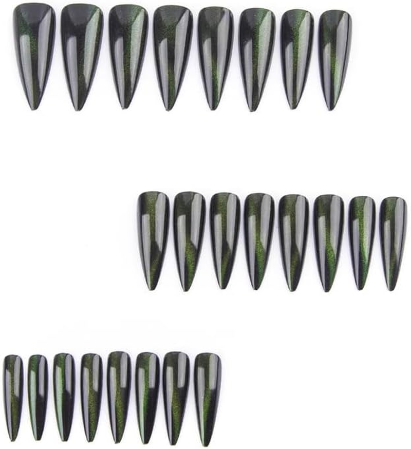 Mouyouglow Press on Nails Long Stiletto Cat Eye Dark Green Magnetic Fake Nails with Nail Glue, Green Phototherapy Artificial Fingernails image number 1