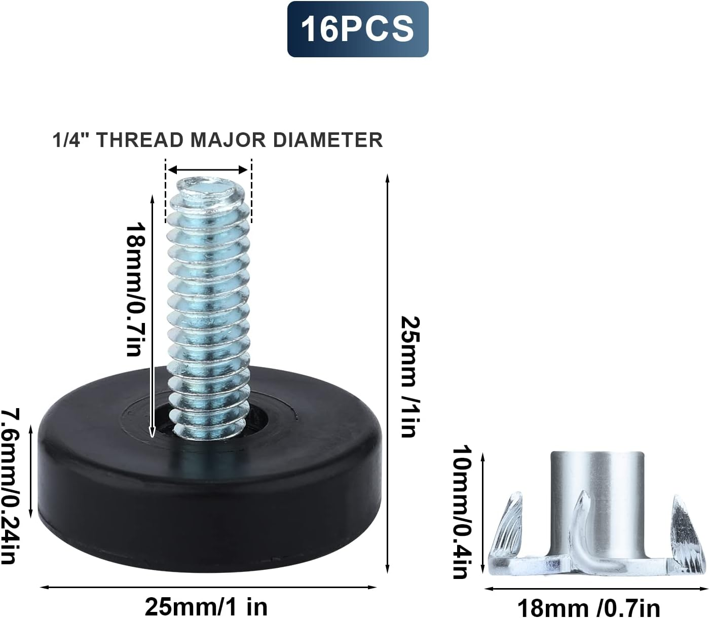 AIEX 1/4" Thread Outer Diameter Furniture Leveling Feet, Adjustable Furniture Levelers with T Nuts Screw in Feet for Furniture Cabinets Sofa Tables Chairs.（16Pcs）