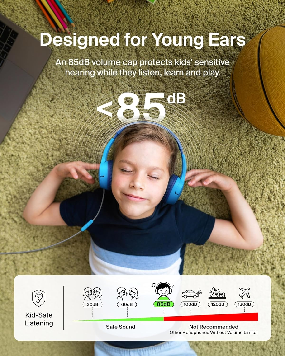 Belkin Soundform Mini Kids Wired Headphones W/Usb C to 3.5Mm Dongle, Built-In Mic & Fun Stickers, 85Db Max Volume &ndash; for Online Learning, Travel, Compatible W/Iphone 16, Ipad, Galaxy S25, Etc - Blue image number 4