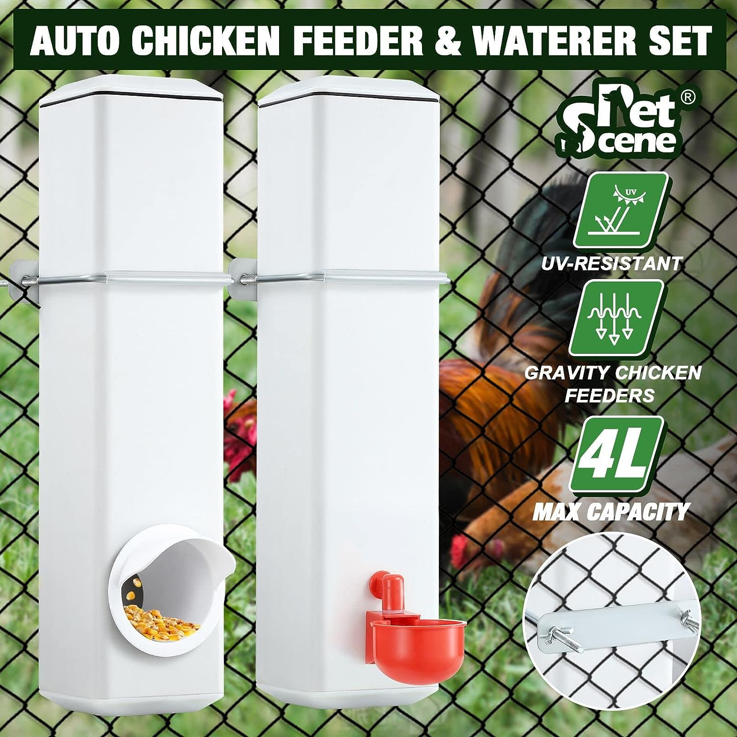 Pet Scene Chicken Feeder Water Set 4L,Automatic Gravity Feeder Water Dispenser for Poultry Food Drinker Chook Chick Duck Drinking Cup Plastic